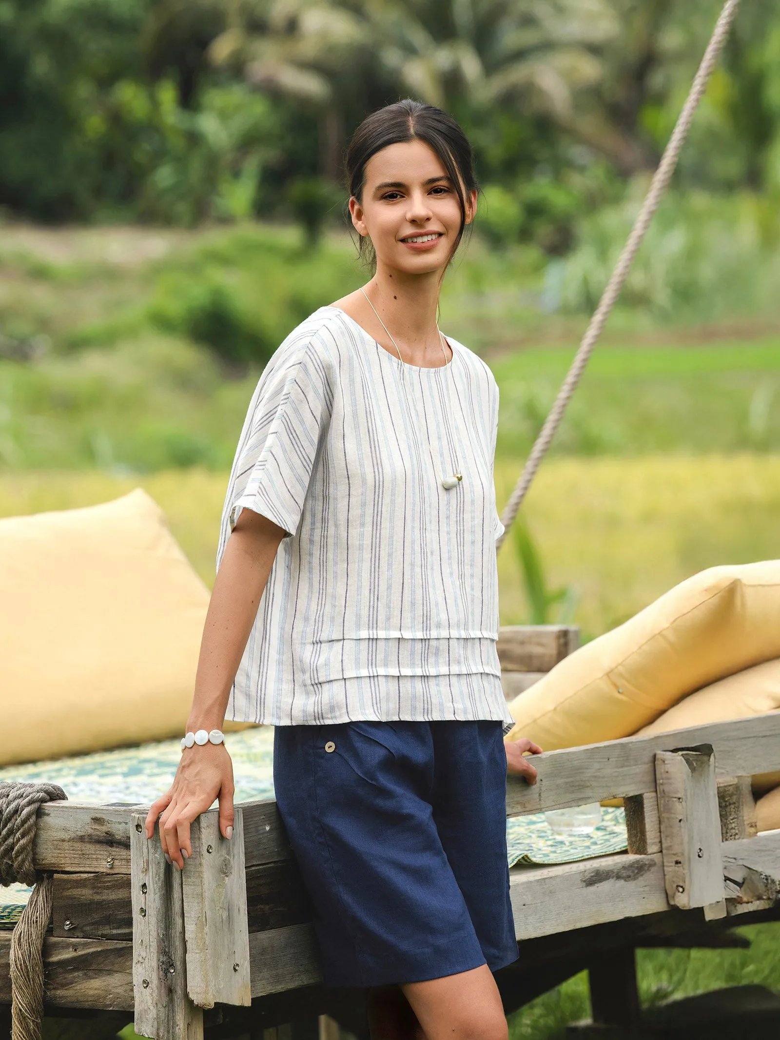 100% Linen Elastic Waistband Capri Pants ANNA sold by Lintico product image thumbnail 3