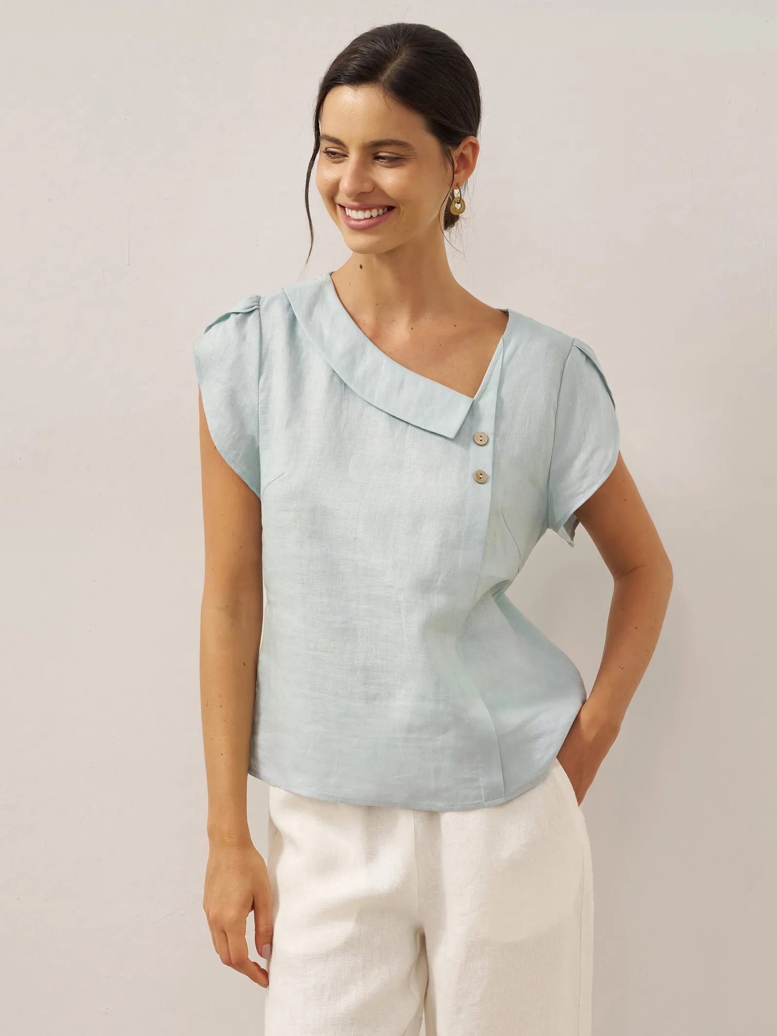 100% Linen Crescent Collar Flutter Sleeve Top FARA sold by Lintico product image thumbnail 4