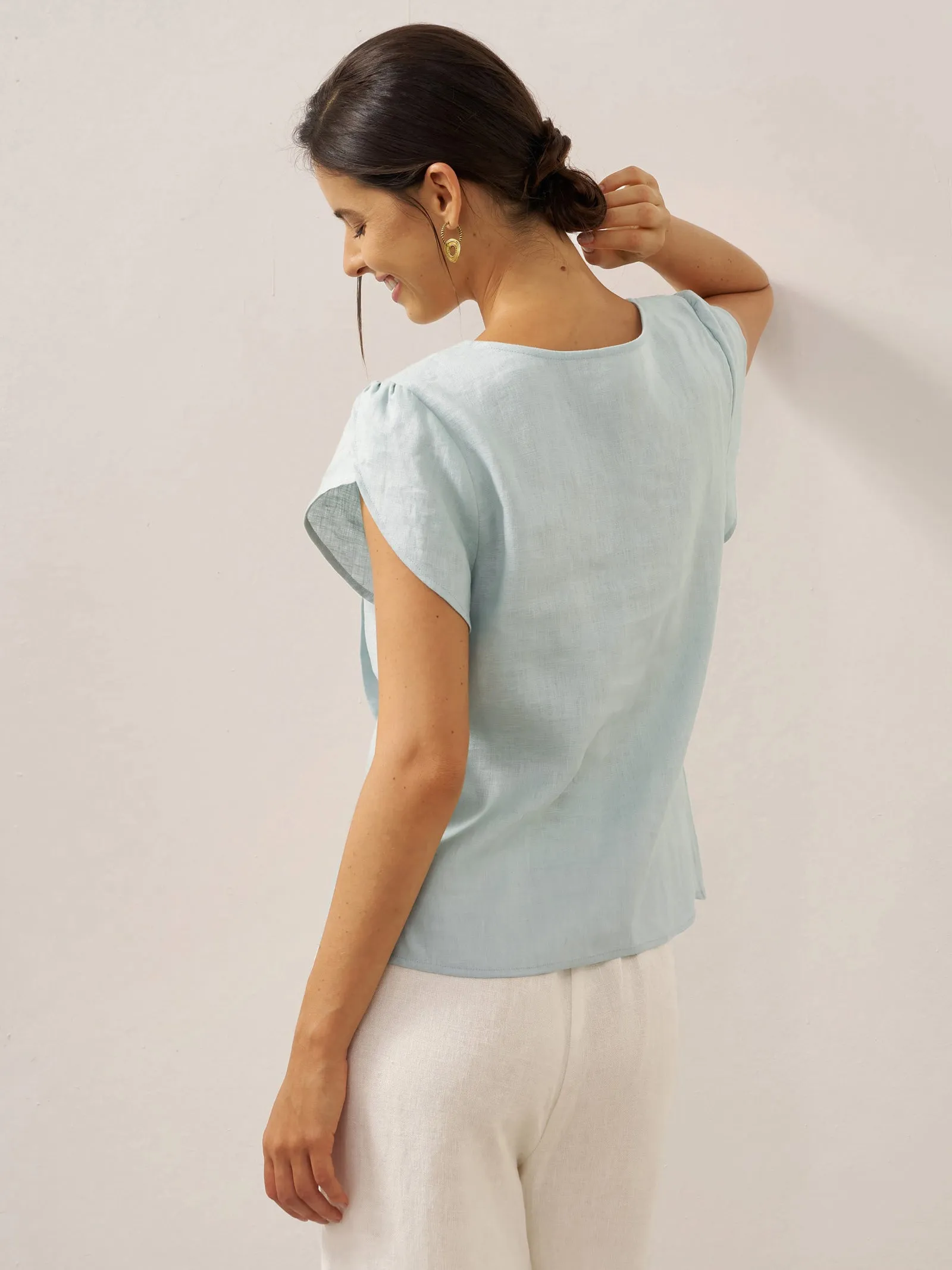 100% Linen Crescent Collar Flutter Sleeve Top FARA sold by Lintico product image thumbnail 5