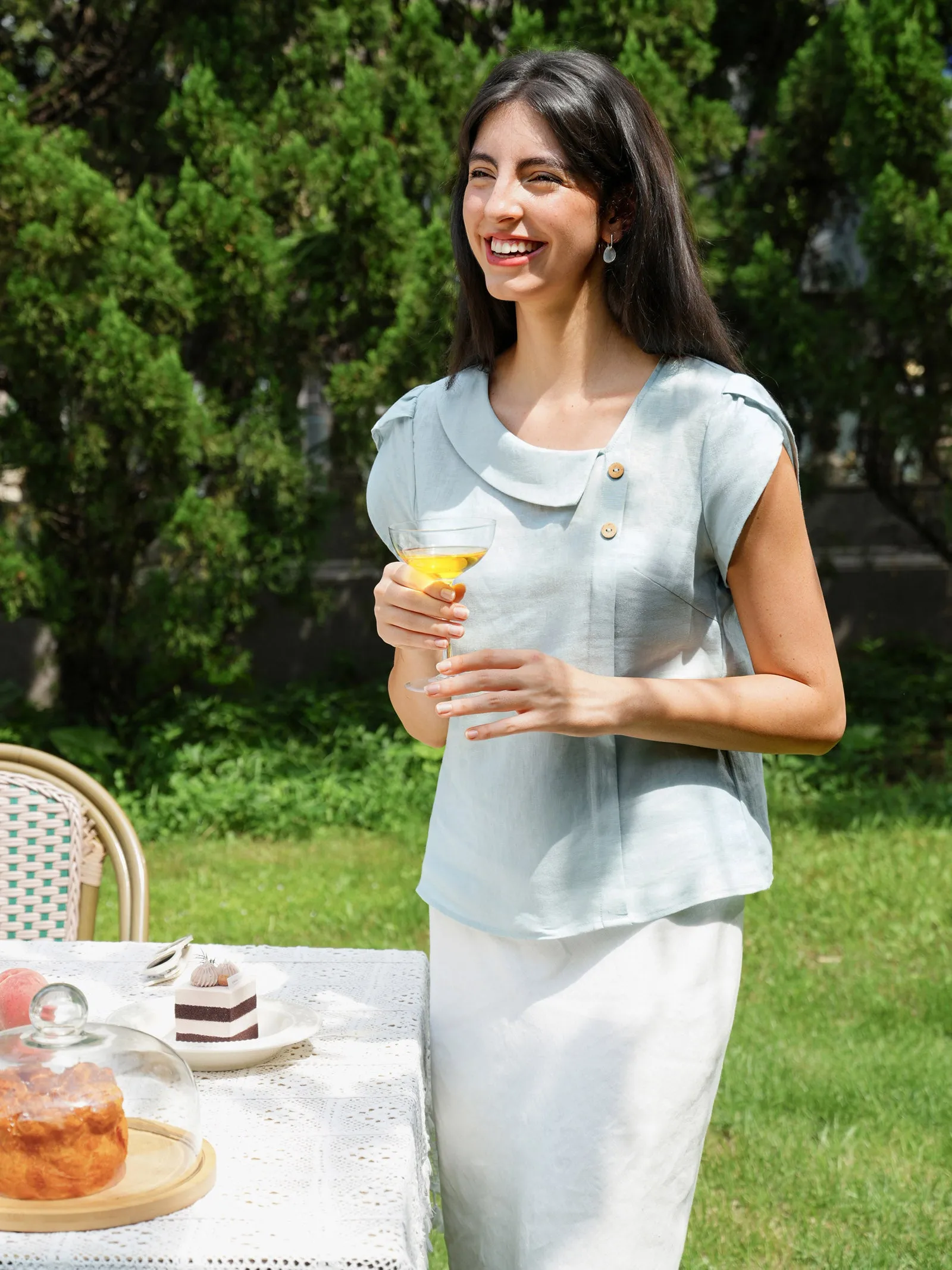 100% Linen Crescent Collar Flutter Sleeve Top FARA sold by Lintico product image thumbnail 3