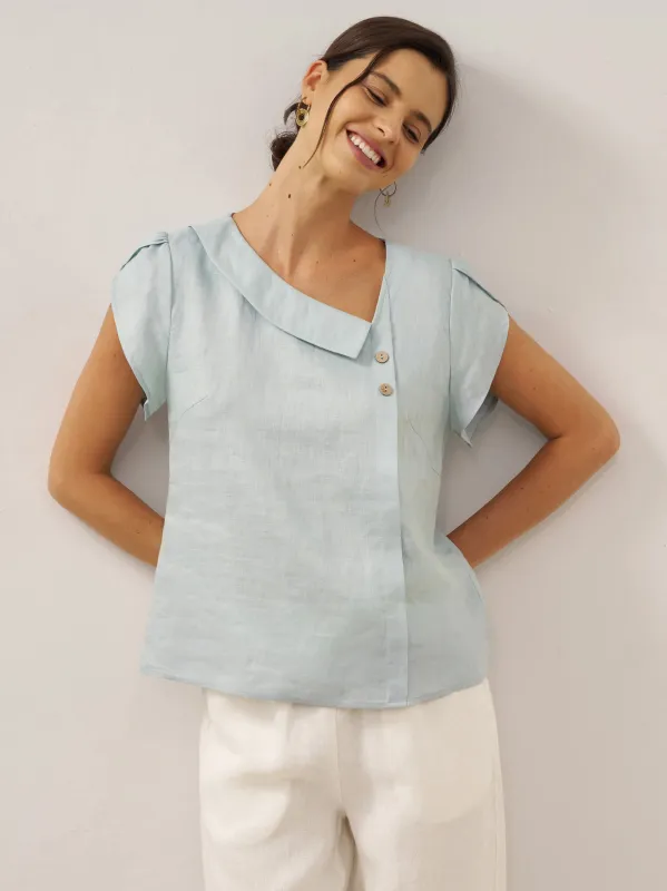 100% Linen Crescent Collar Flutter Sleeve Top FARA sold by Lintico