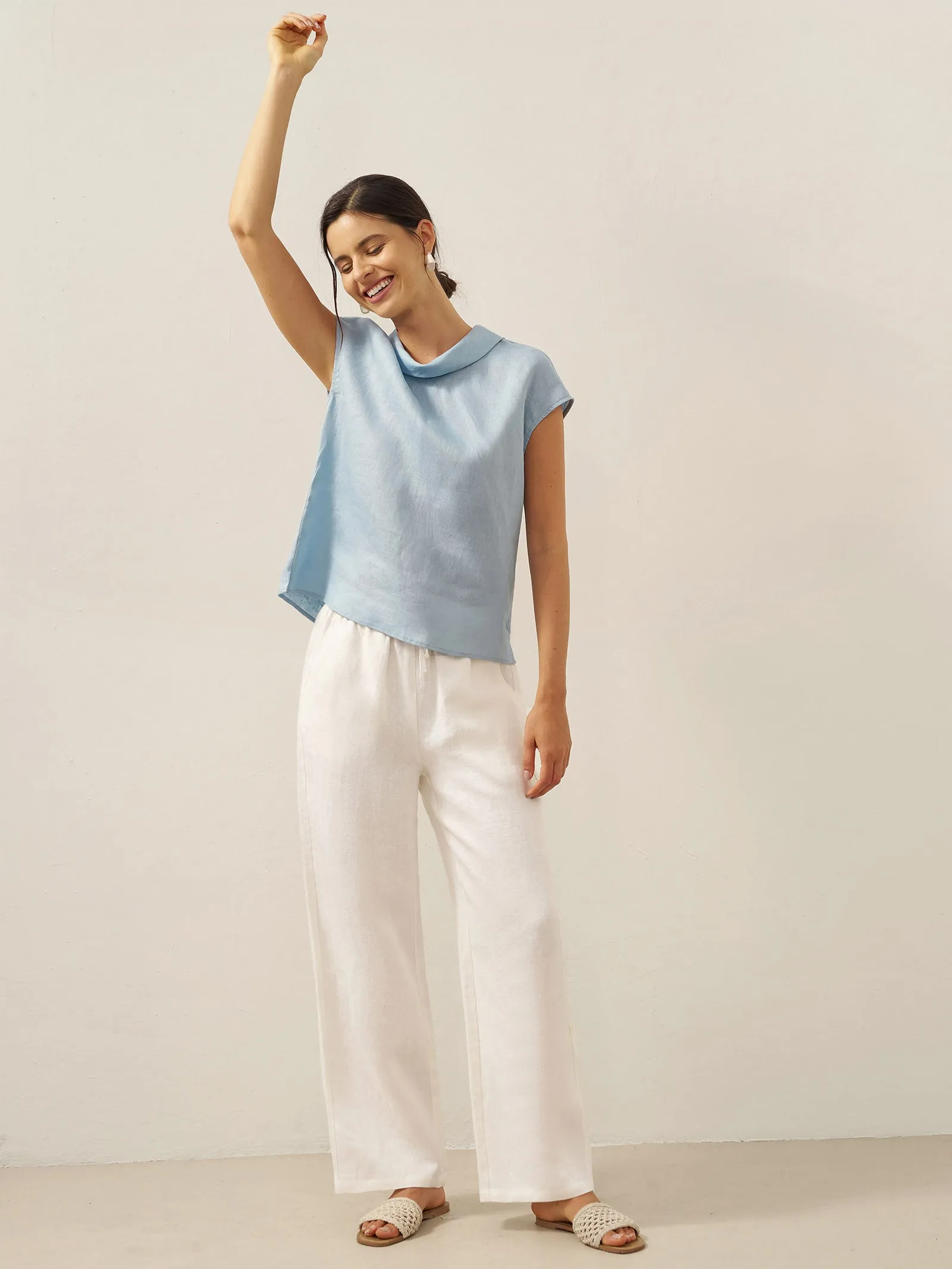 100% Linen Cap Sleeve Soft-Fold Collar Top YVONNE sold by Lintico product image thumbnail 5