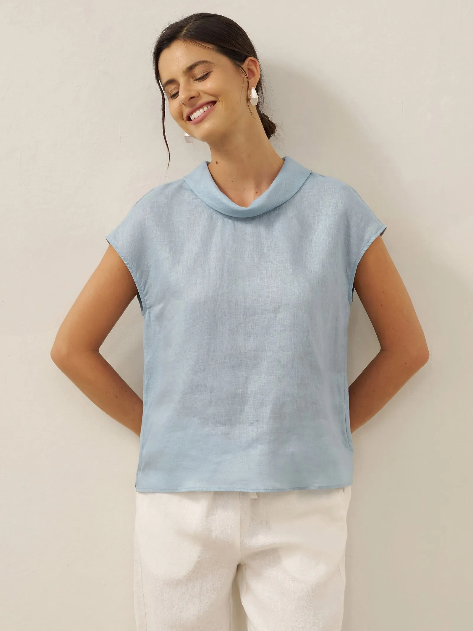 100% Linen Cap Sleeve Soft-Fold Collar Top YVONNE sold by Lintico product image thumbnail 4