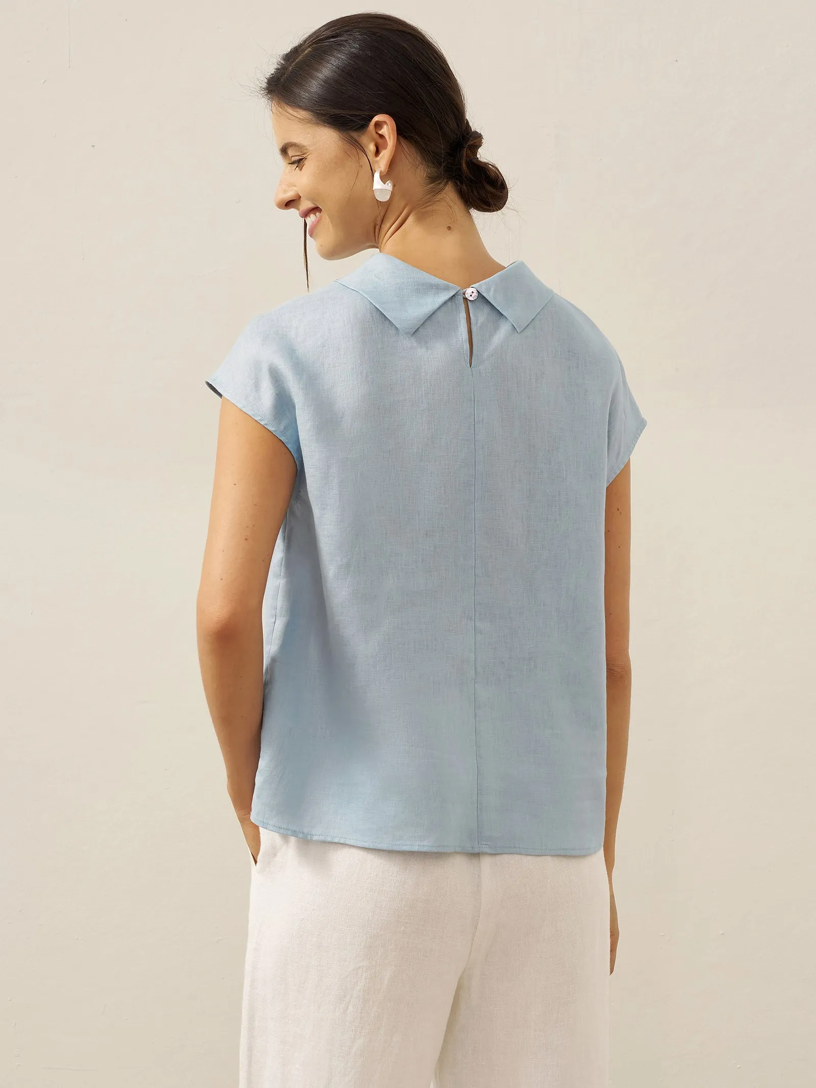 100% Linen Cap Sleeve Soft-Fold Collar Top YVONNE sold by Lintico product image thumbnail 2
