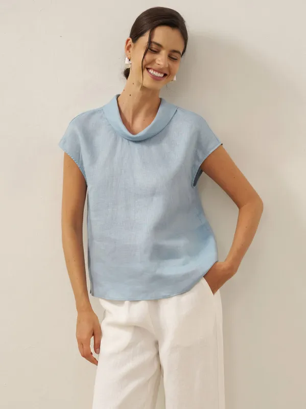 100% Linen Cap Sleeve Soft-Fold Collar Top YVONNE sold by Lintico
