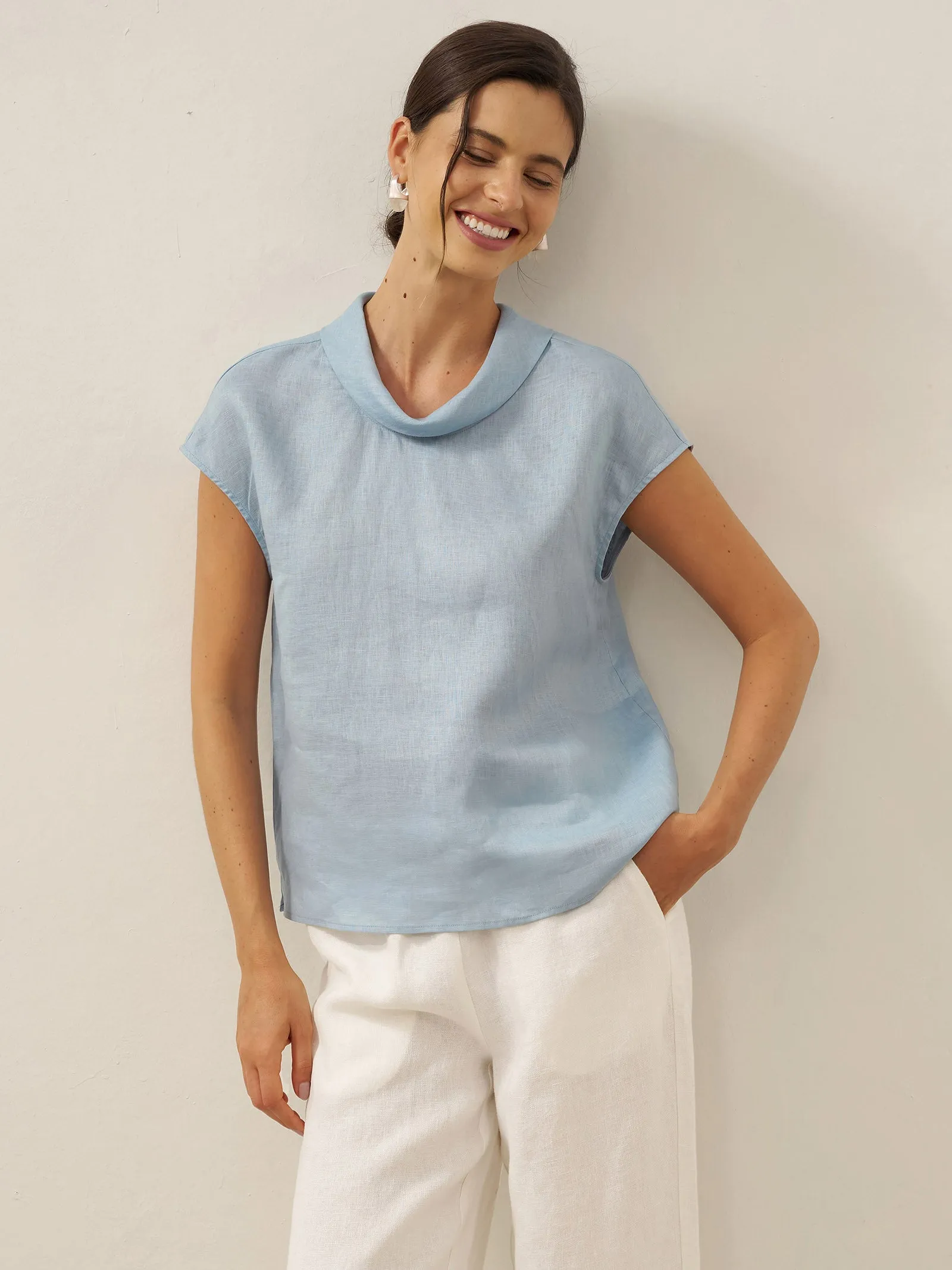 100% Linen Cap Sleeve Soft-Fold Collar Top YVONNE sold by Lintico