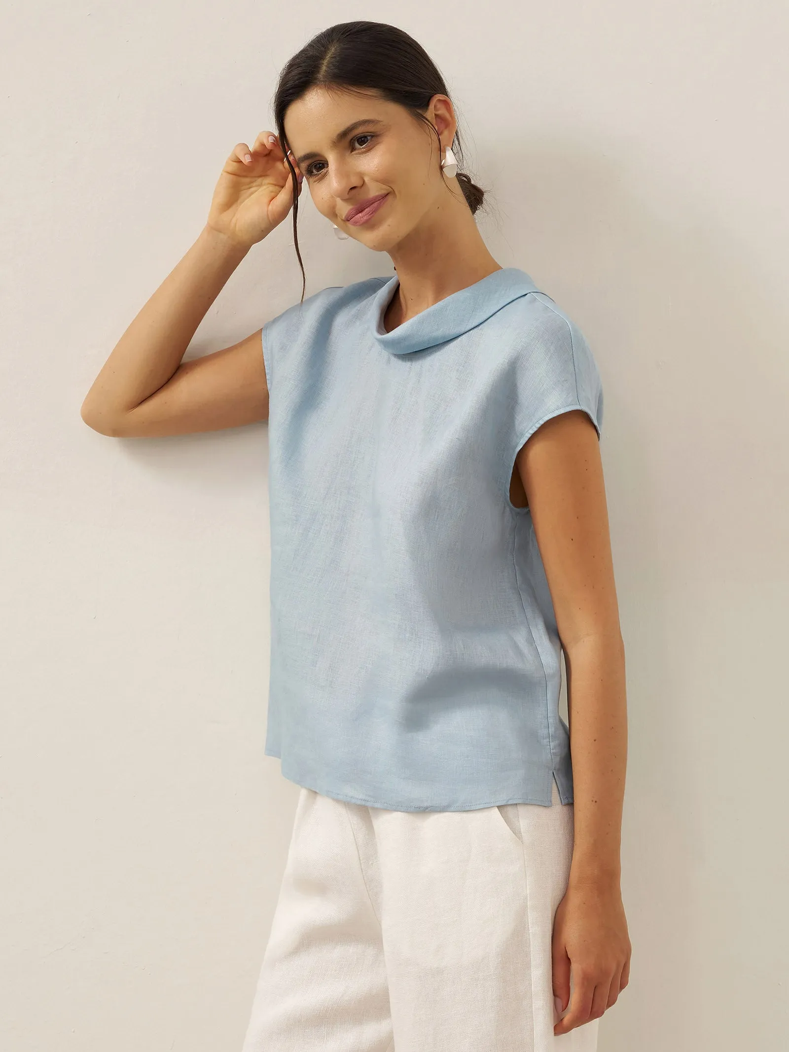 100% Linen Cap Sleeve Soft-Fold Collar Top YVONNE sold by Lintico product image thumbnail 3