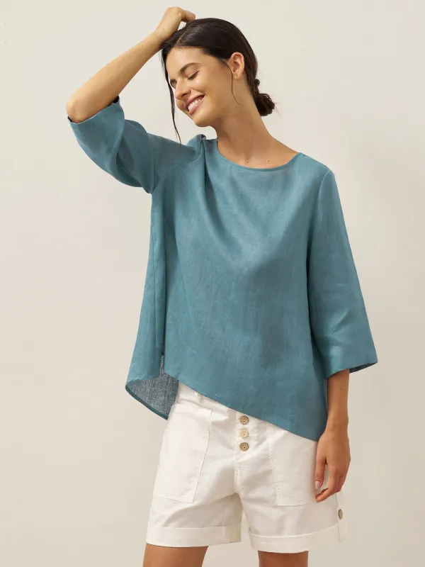 100% Linen Round Neck Asymmetrical Hem Top BRIANNA sold by Lintico