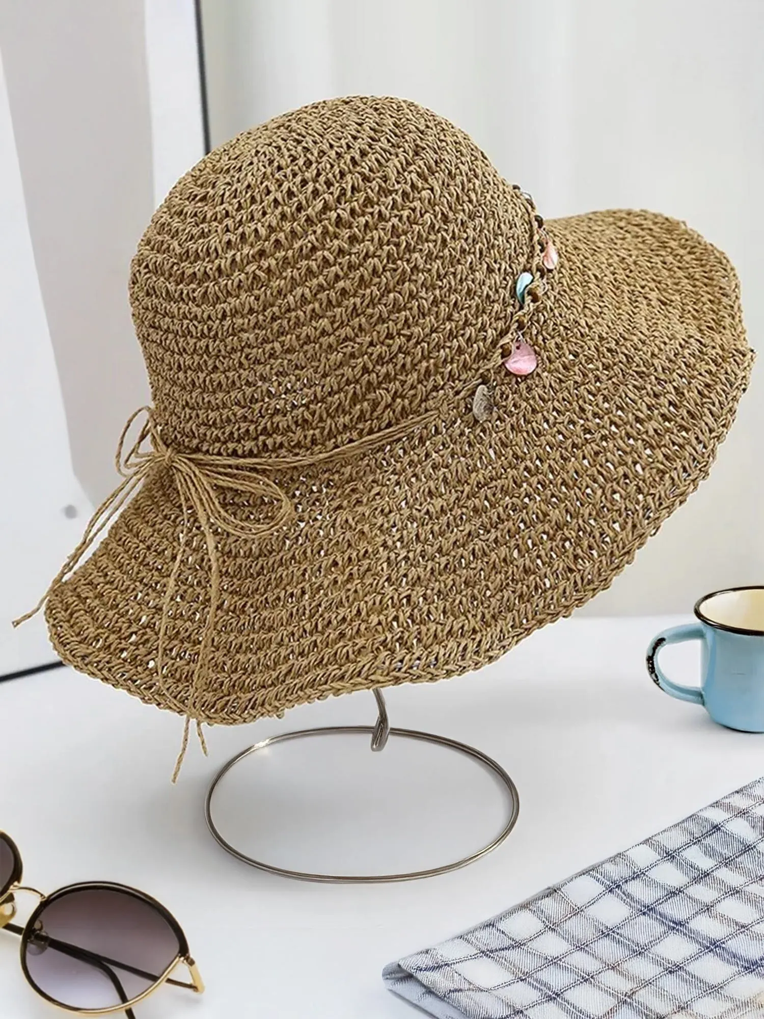 Foldable Wide Brim Straw Hat with Shell Decor sold by Lintico product image thumbnail 5