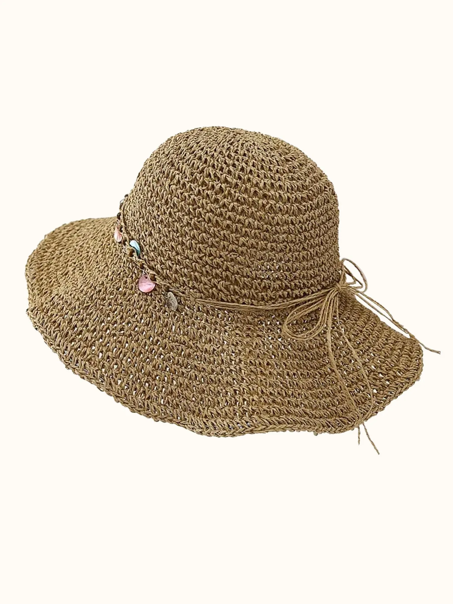 Foldable Wide Brim Straw Hat with Shell Decor sold by Lintico