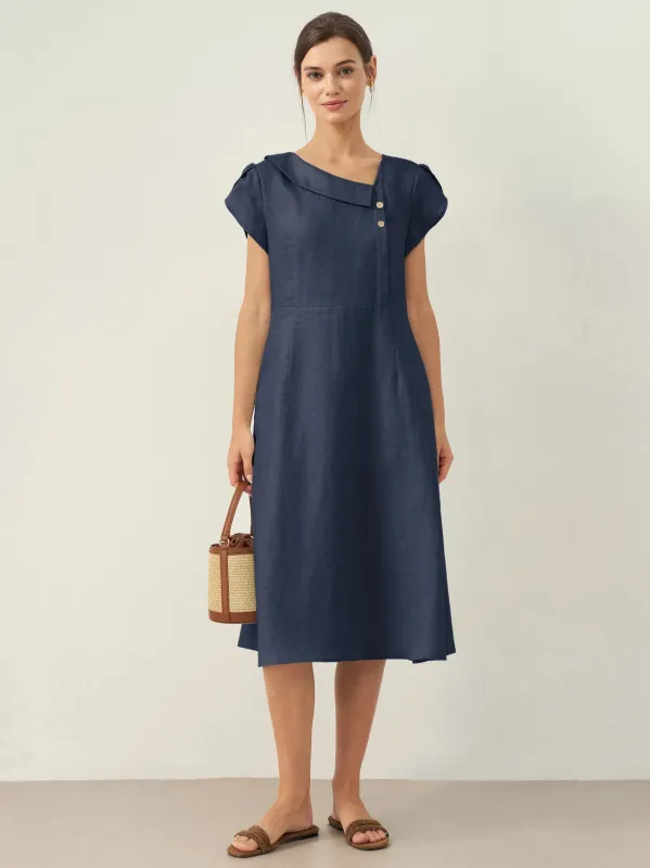 100% Linen Crescent Collar Flutter Sleeve Midi Dress FIONA sold by Lintico