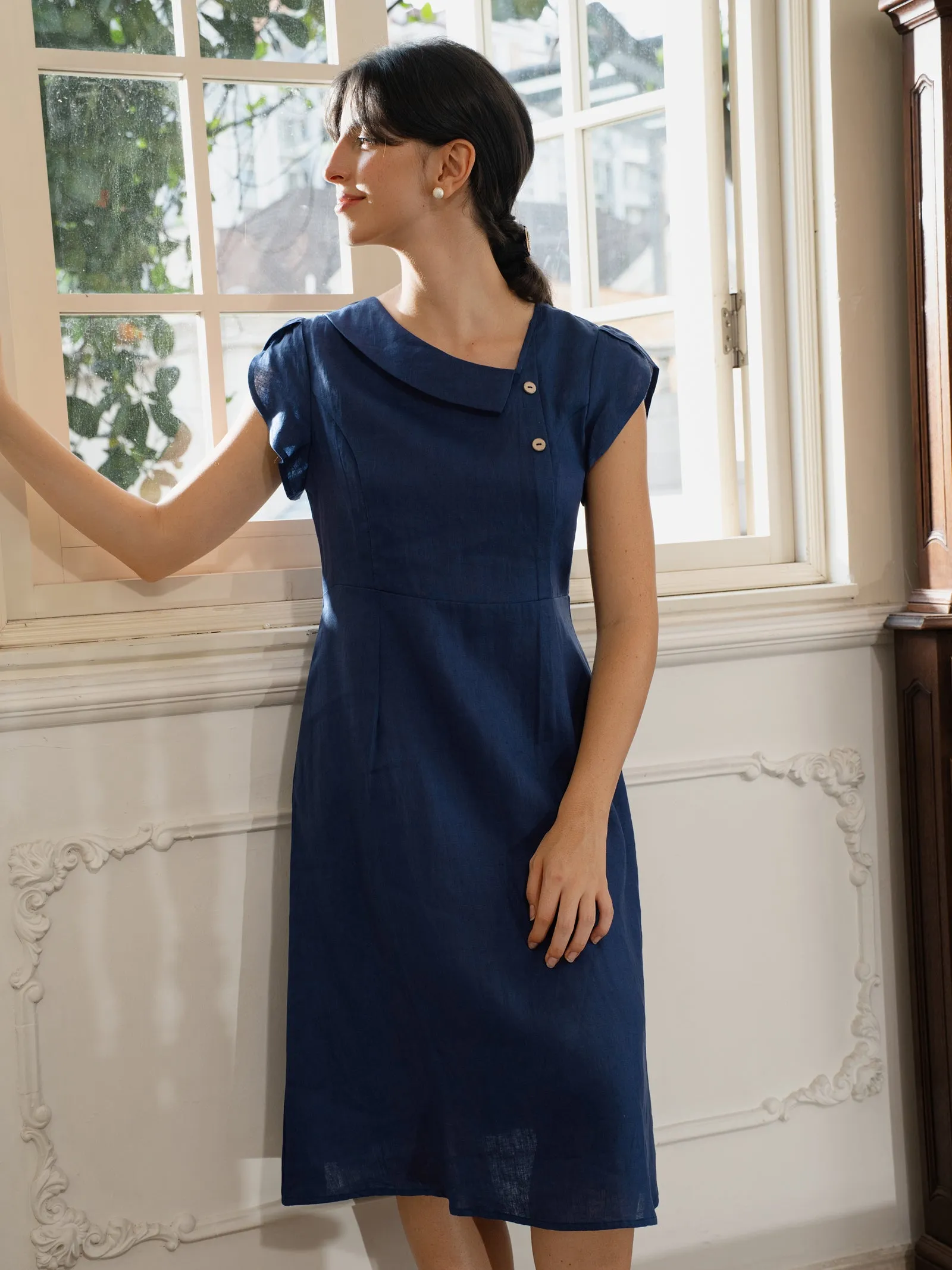 100% Linen Crescent Collar Flutter Sleeve Midi Dress FIONA sold by Lintico product image thumbnail 3