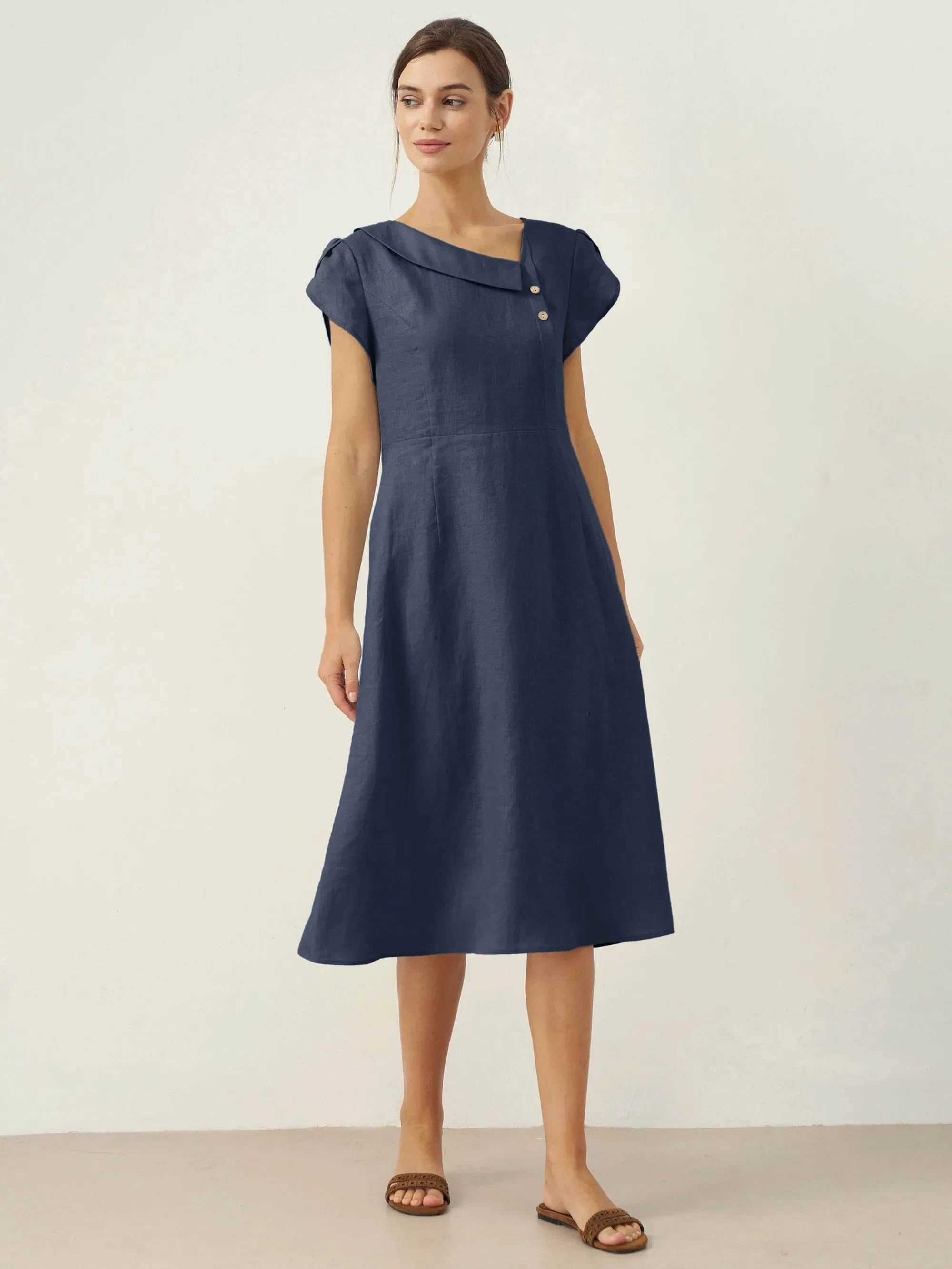 100% Linen Crescent Collar Flutter Sleeve Midi Dress FIONA sold by Lintico product image thumbnail 4