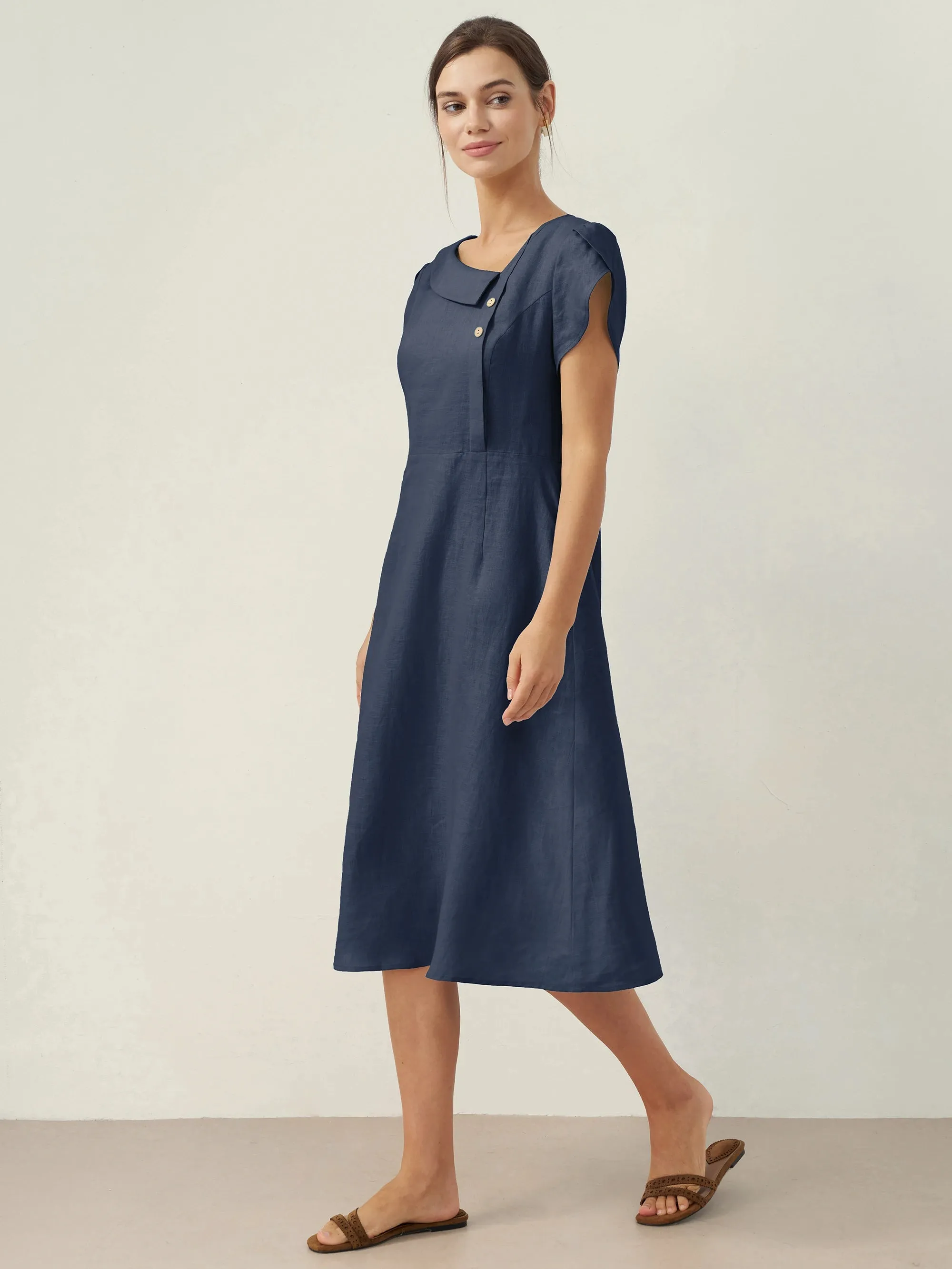 100% Linen Crescent Collar Flutter Sleeve Midi Dress FIONA sold by Lintico product image thumbnail 5