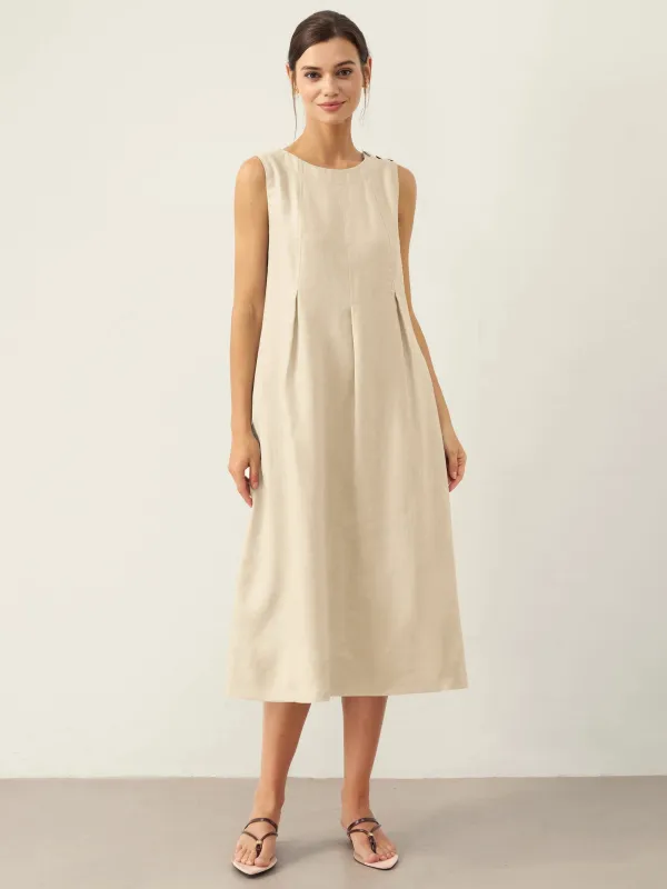 100% Linen Sleeveless Shoulder Button Midi Dress FREYA sold by Lintico