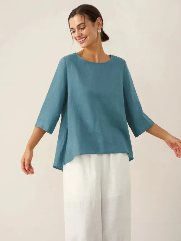100% Linen Round Neck Asymmetrical Hem Top BRIANNA sold by Lintico