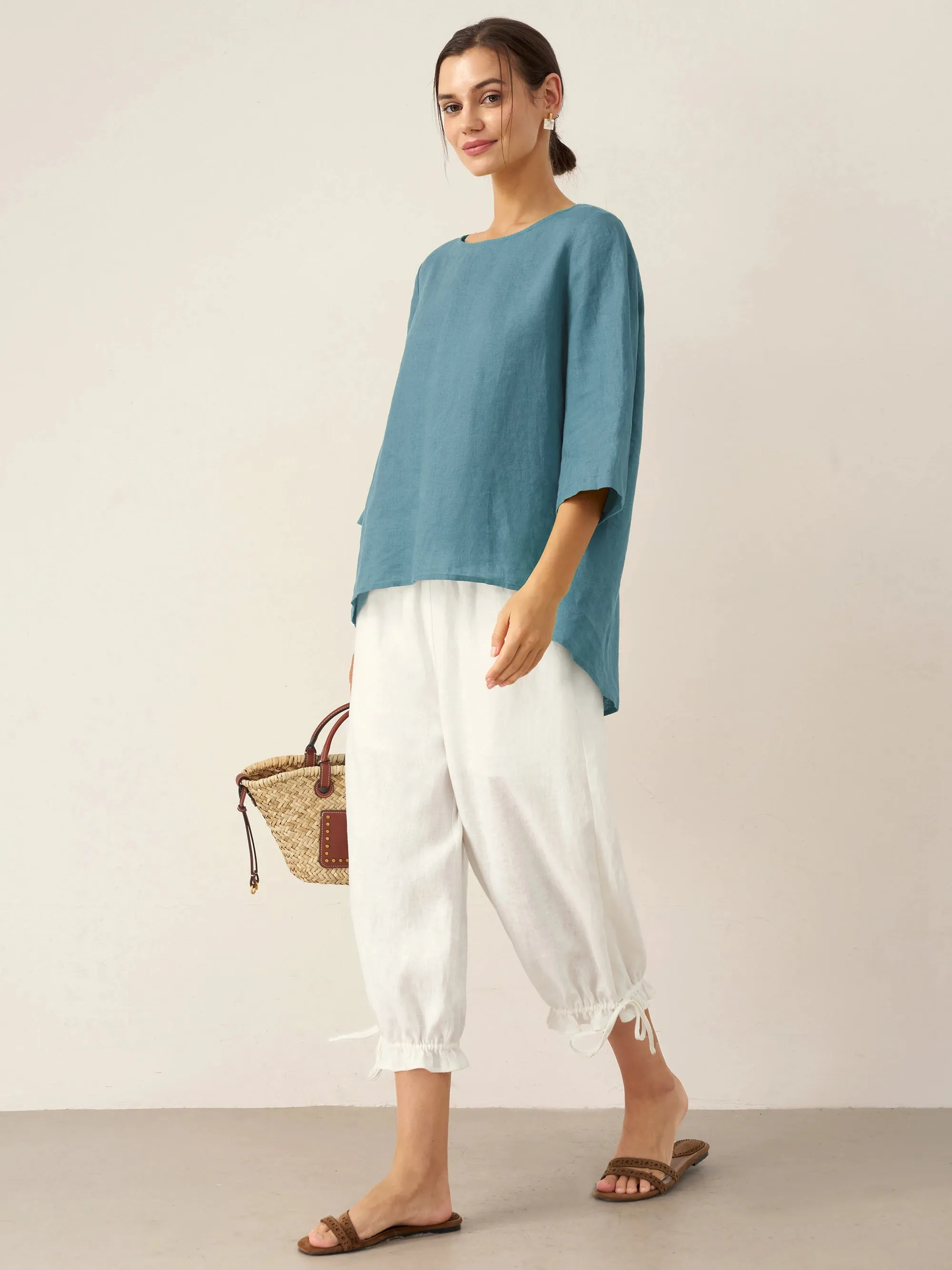 100% Linen Round Neck Asymmetrical Hem Top BRIANNA sold by Lintico product image thumbnail 3
