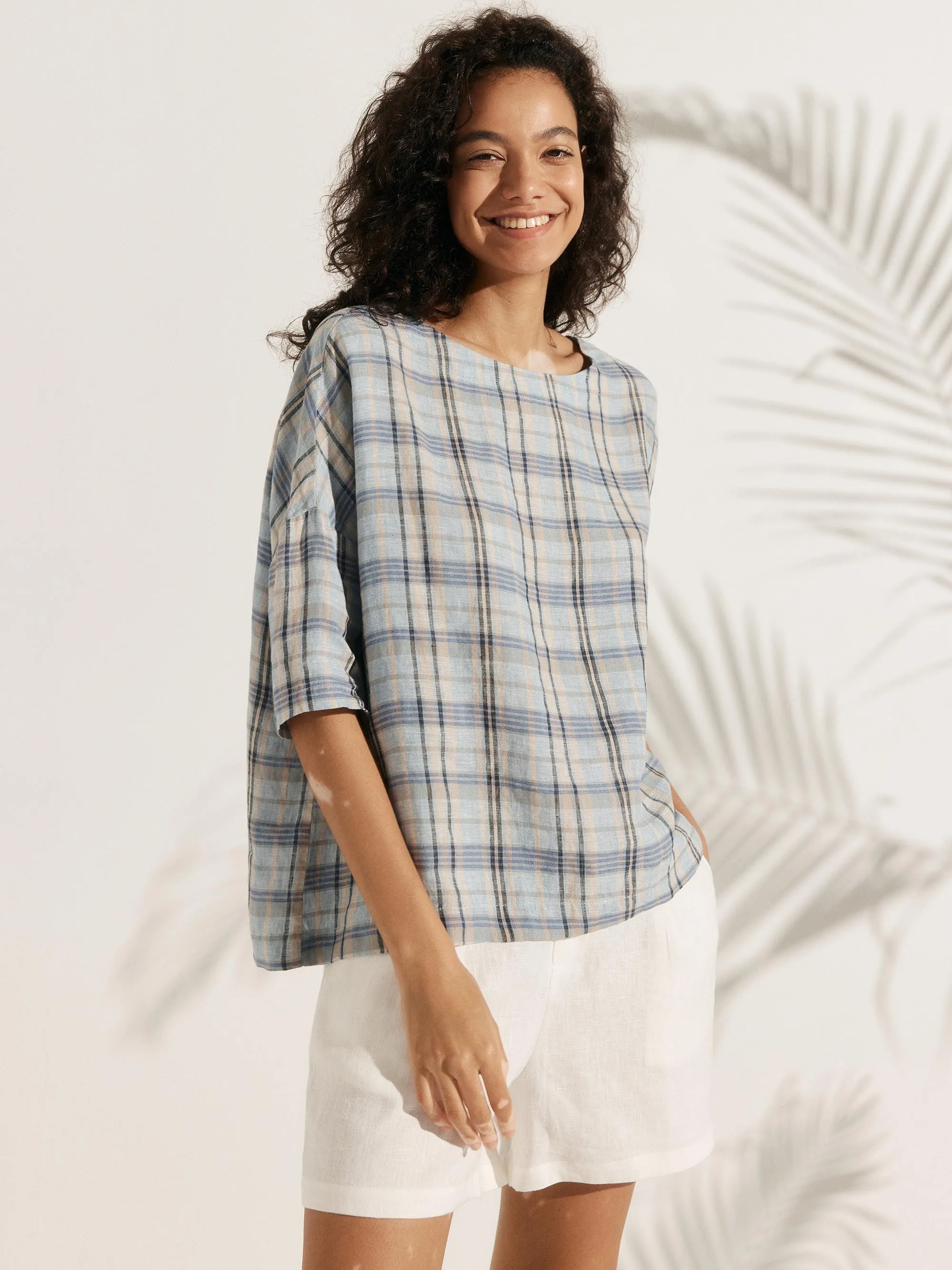 100% Linen Gingham Checked Boatneck 3/4 Length Sleeve Top AURORA sold by Lintico product image thumbnail 5