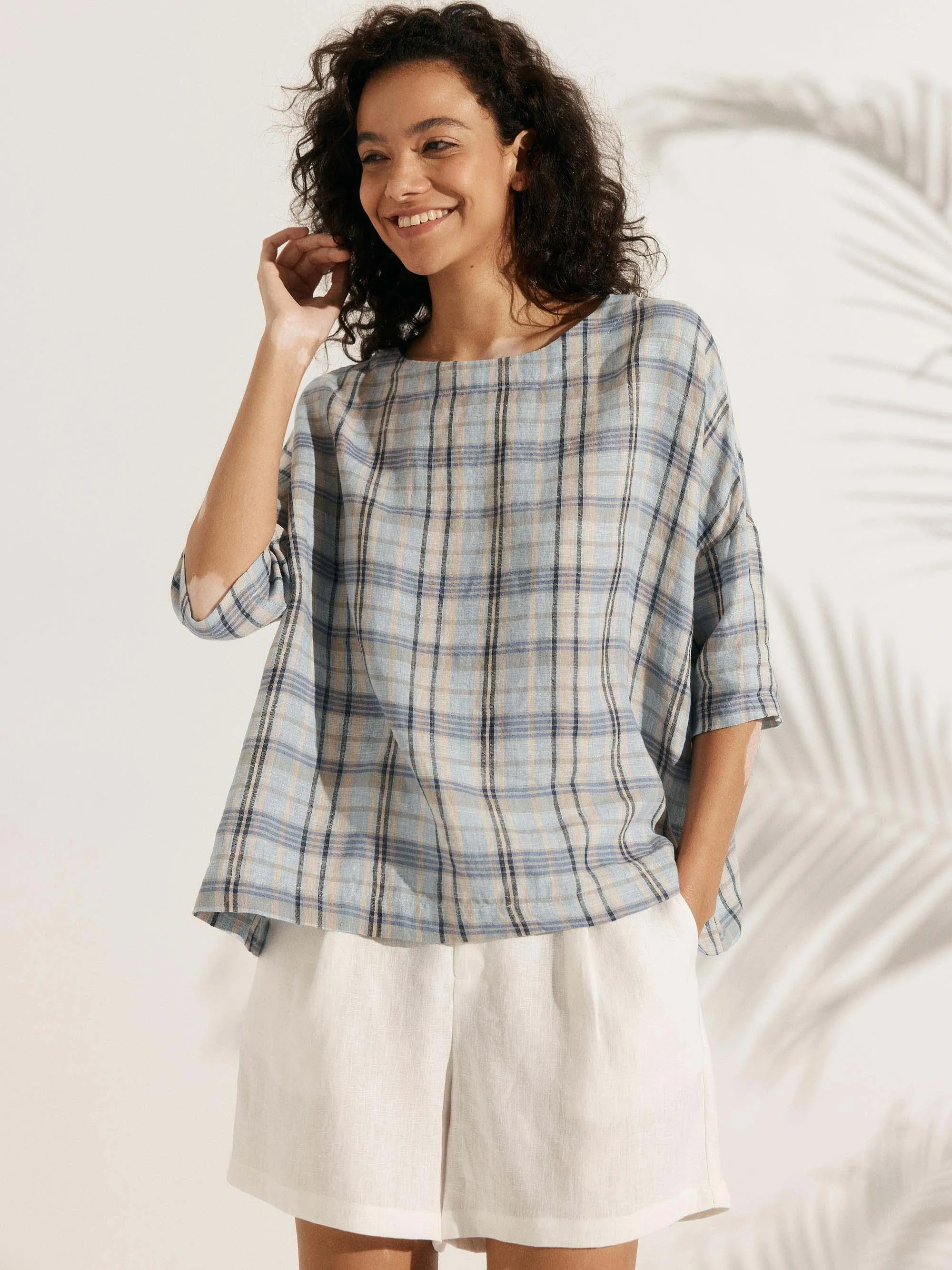 100% Linen Gingham Checked Boatneck 3/4 Length Sleeve Top AURORA sold by Lintico product image thumbnail 4