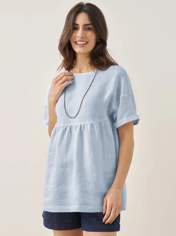 100% Linen Round Neck Pleated Pullover Top QUINLAN sold by Lintico