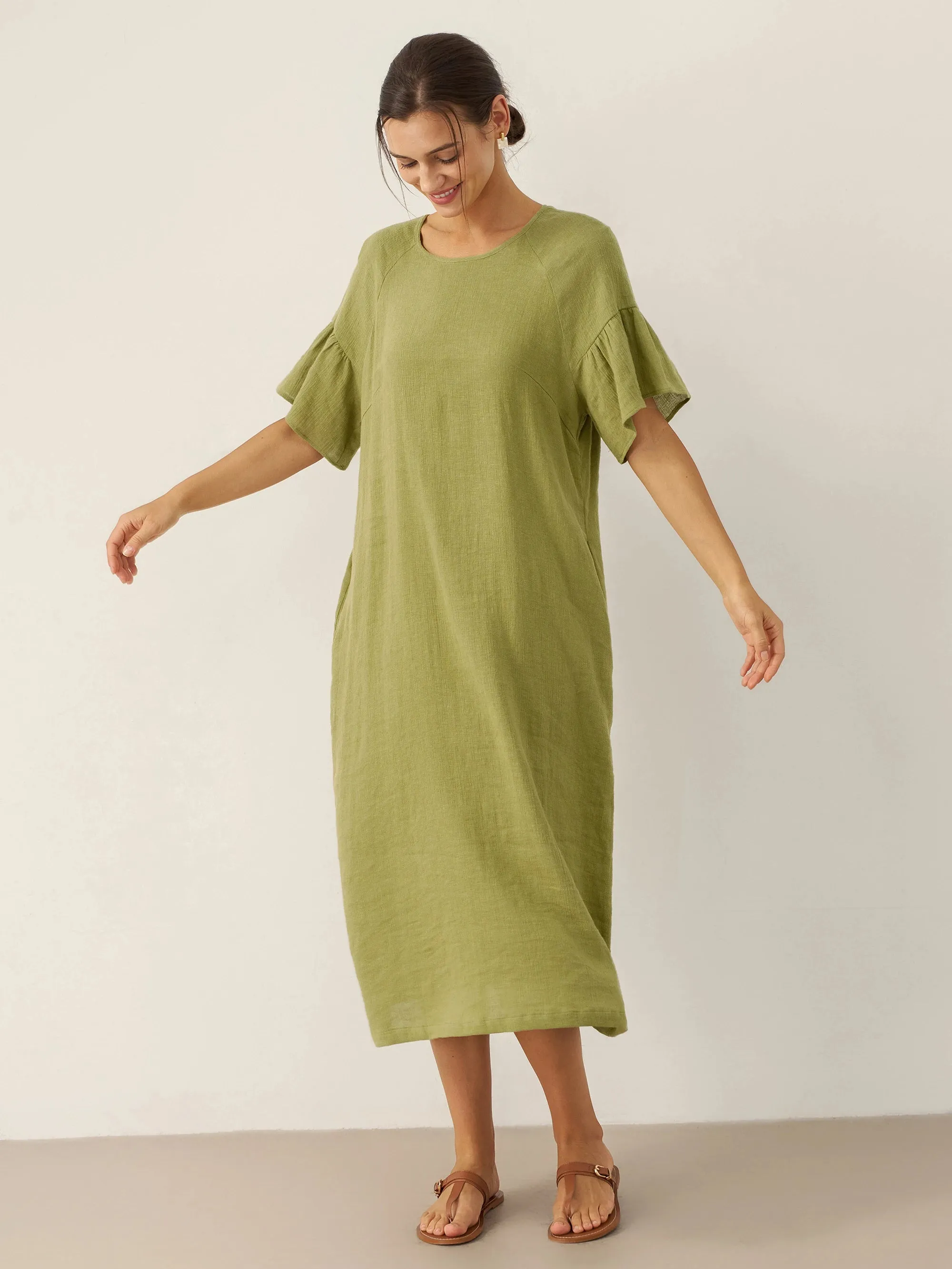 Linen Round Neck Flutter Sleeve Maxi Dress WINNIE sold by Lintico product image thumbnail 4