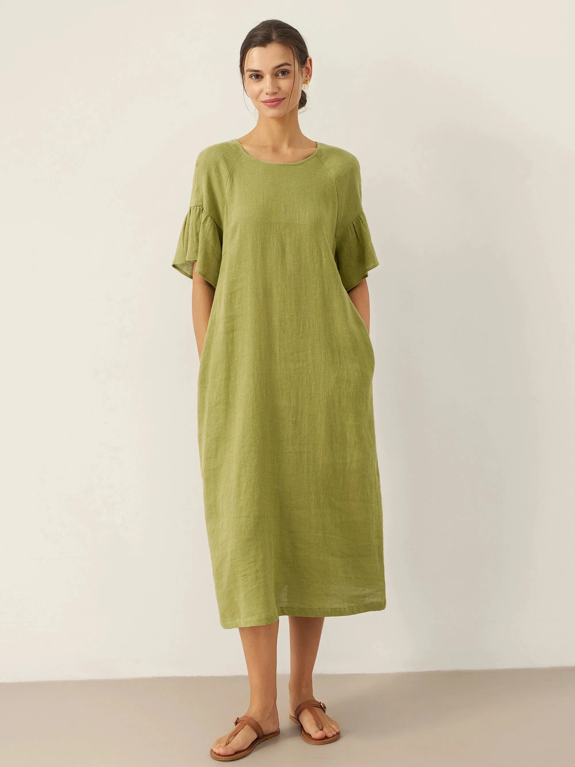 Linen Round Neck Flutter Sleeve Maxi Dress WINNIE sold by Lintico