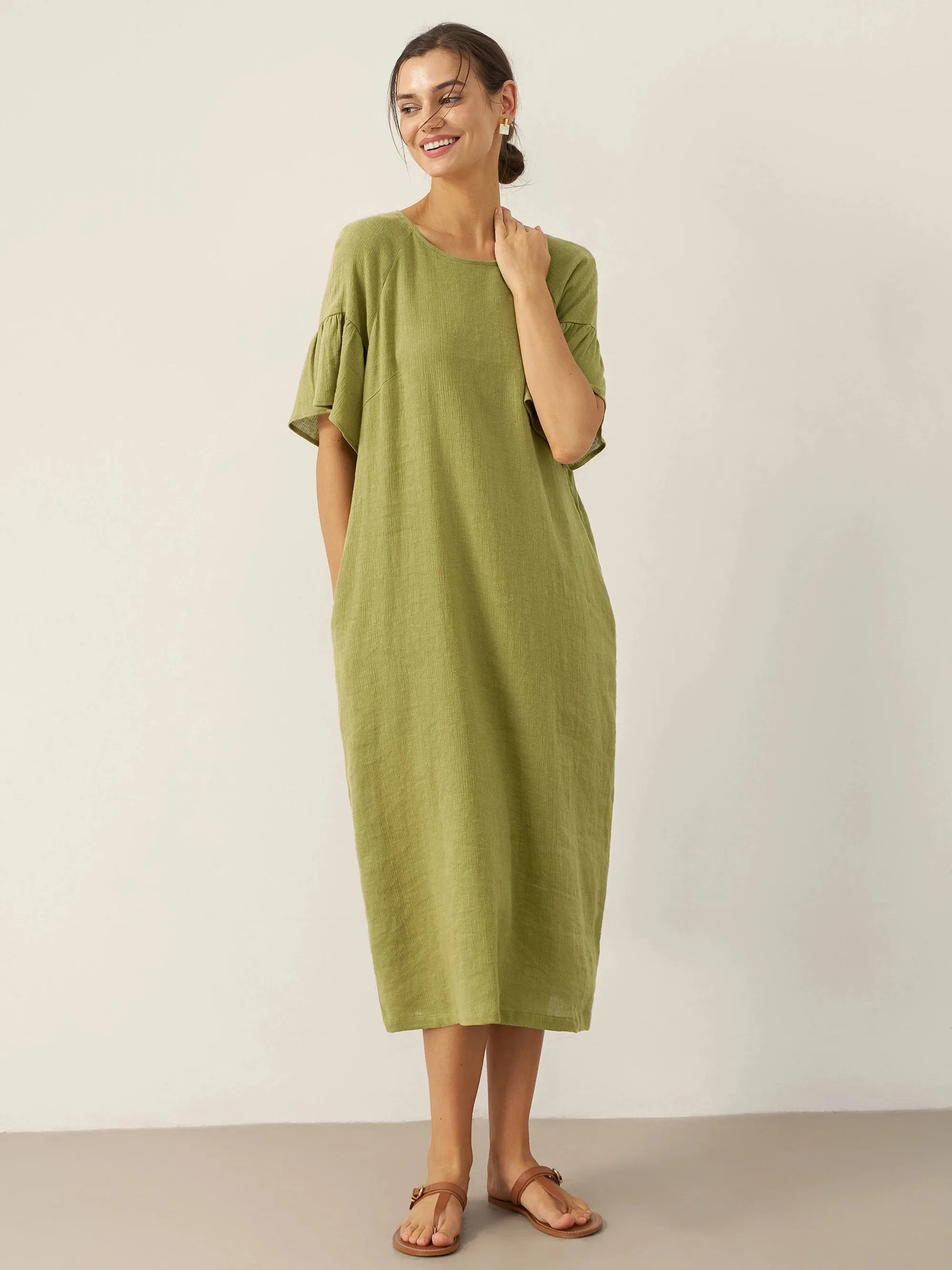 Linen Round Neck Flutter Sleeve Maxi Dress WINNIE sold by Lintico product image thumbnail 5