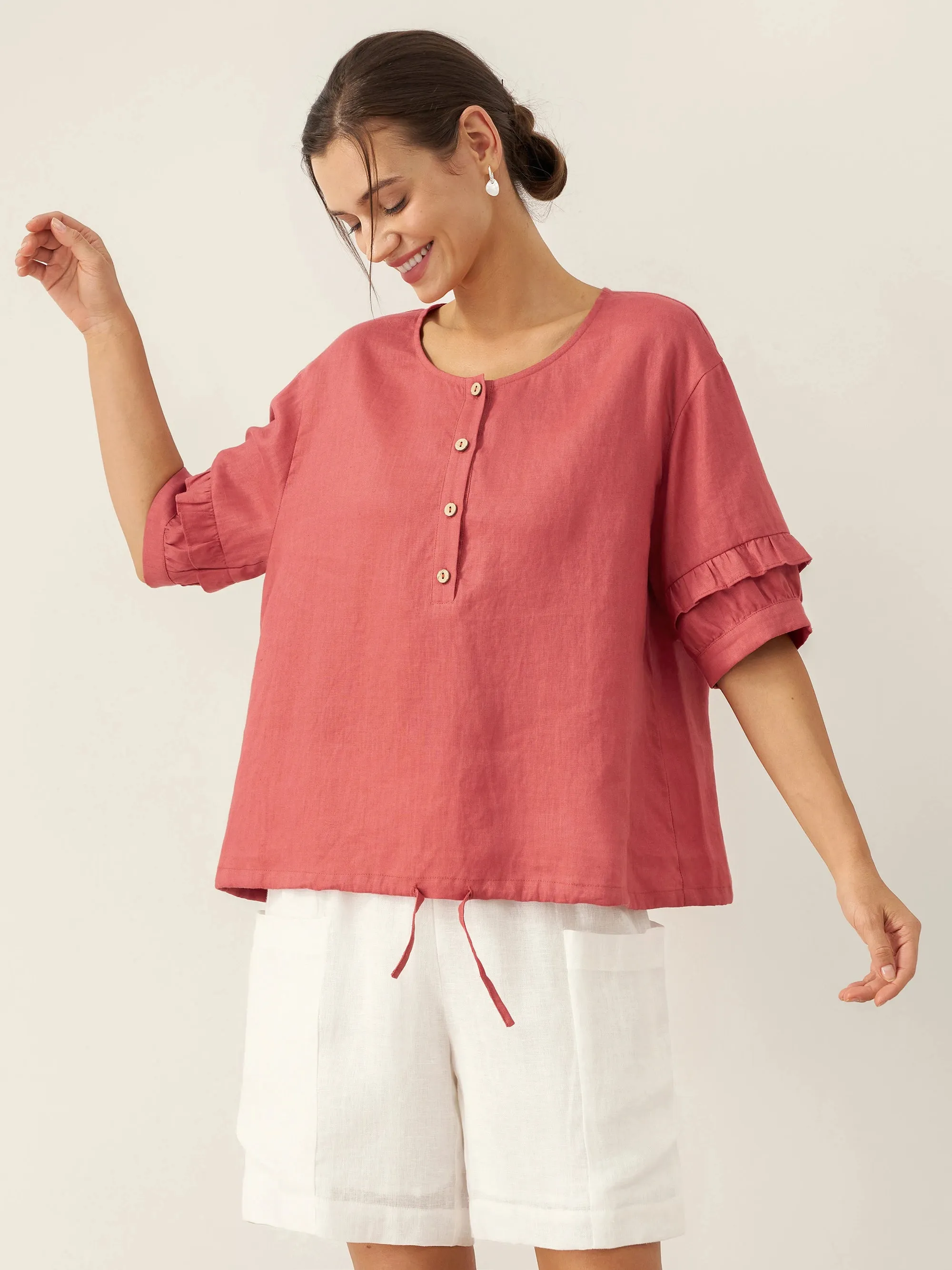 100% Linen Flutter Sleeve Drawstring Top ZOEY sold by Lintico product image thumbnail 4