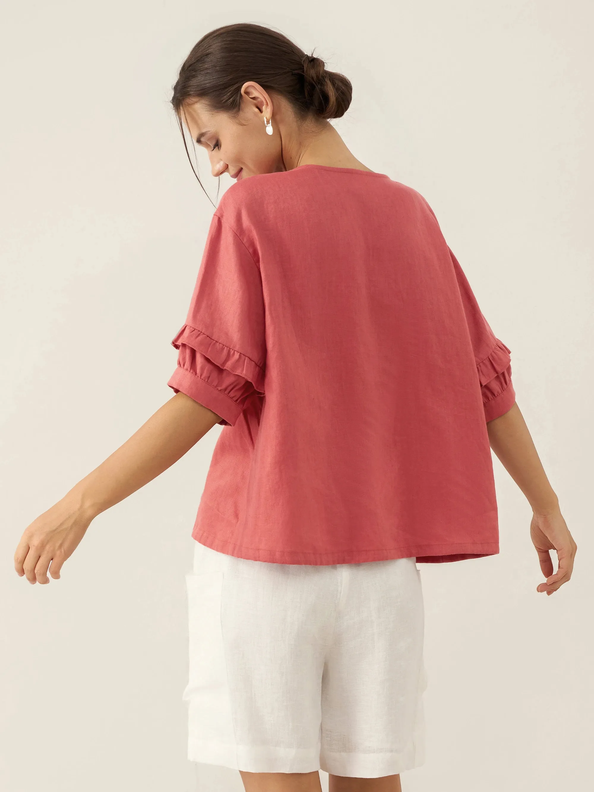 100% Linen Flutter Sleeve Drawstring Top ZOEY sold by Lintico product image thumbnail 2