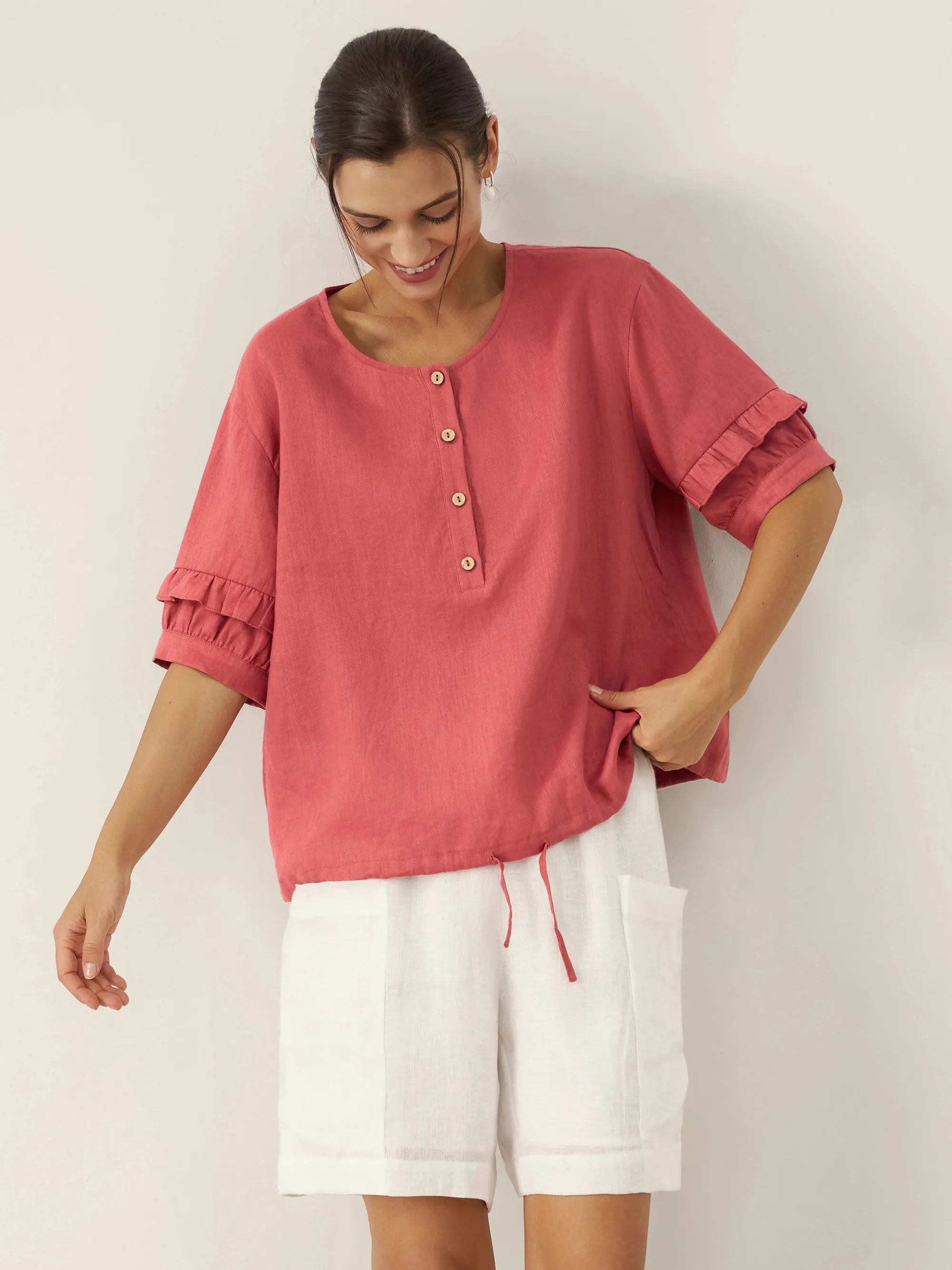 100% Linen Flutter Sleeve Drawstring Top ZOEY sold by Lintico product image thumbnail 3