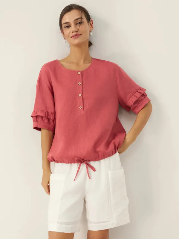 100% Linen Flutter Sleeve Drawstring Top ZOEY sold by Lintico