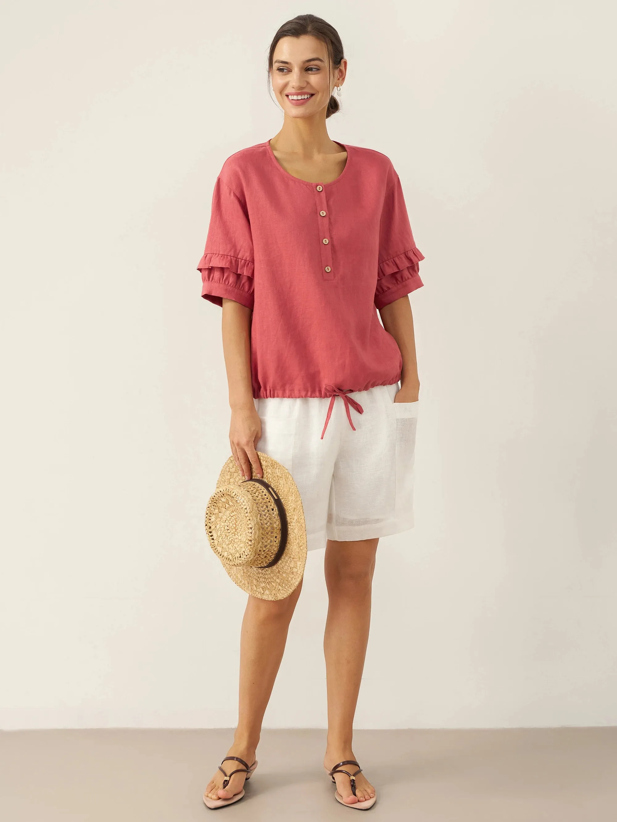 100% Linen Flutter Sleeve Drawstring Top ZOEY sold by Lintico product image thumbnail 5