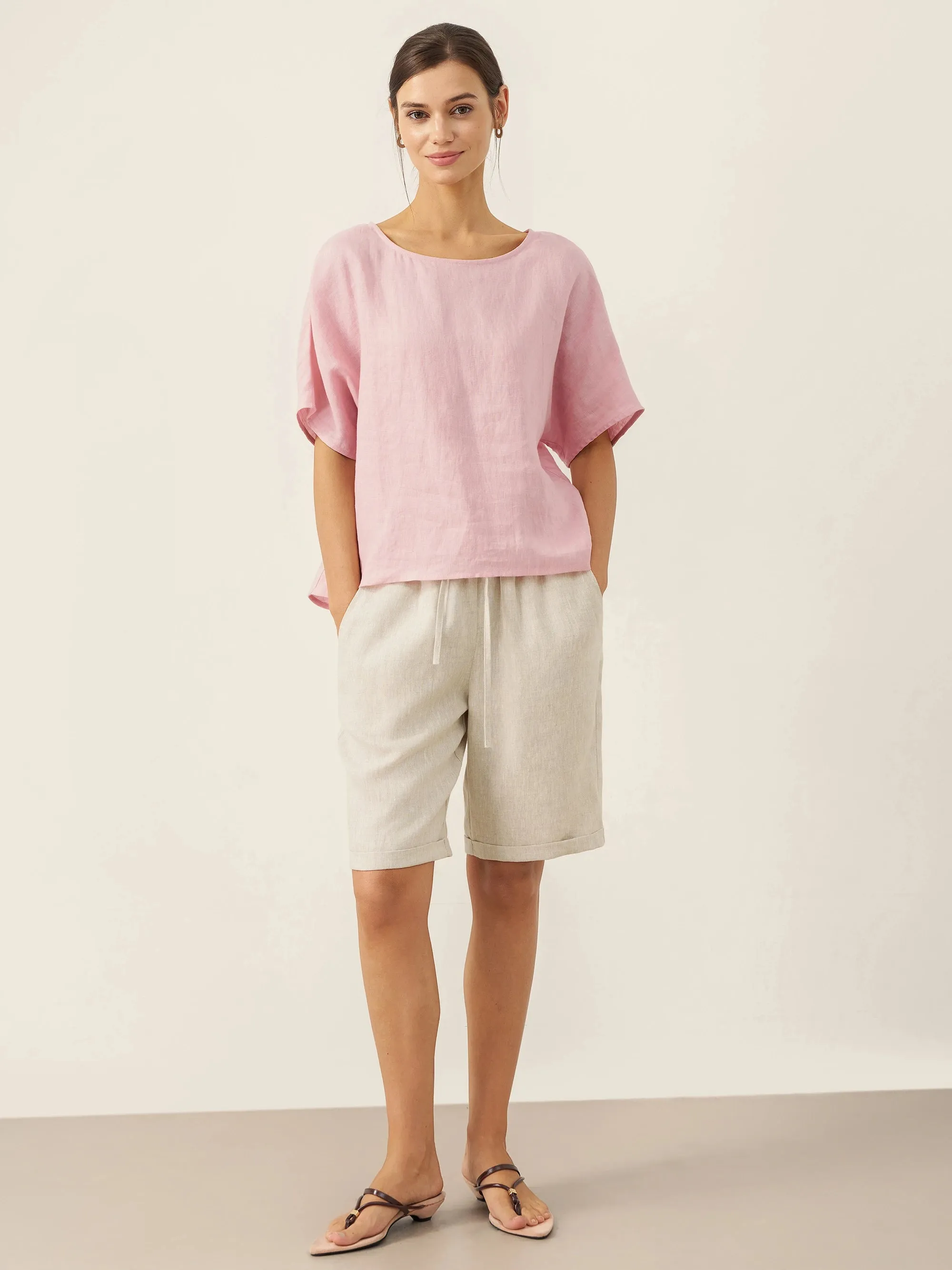 100% Linen Elastic Drawstring Waist Capri Pants XIMENA sold by Lintico product image thumbnail 5