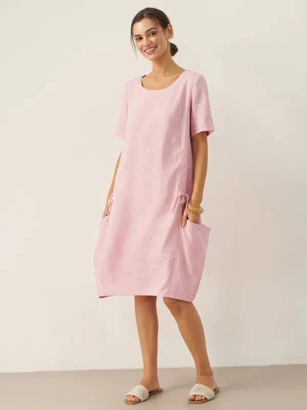 100% Linen Round Neck Patch Pocket Midi Dress XENA sold by Lintico