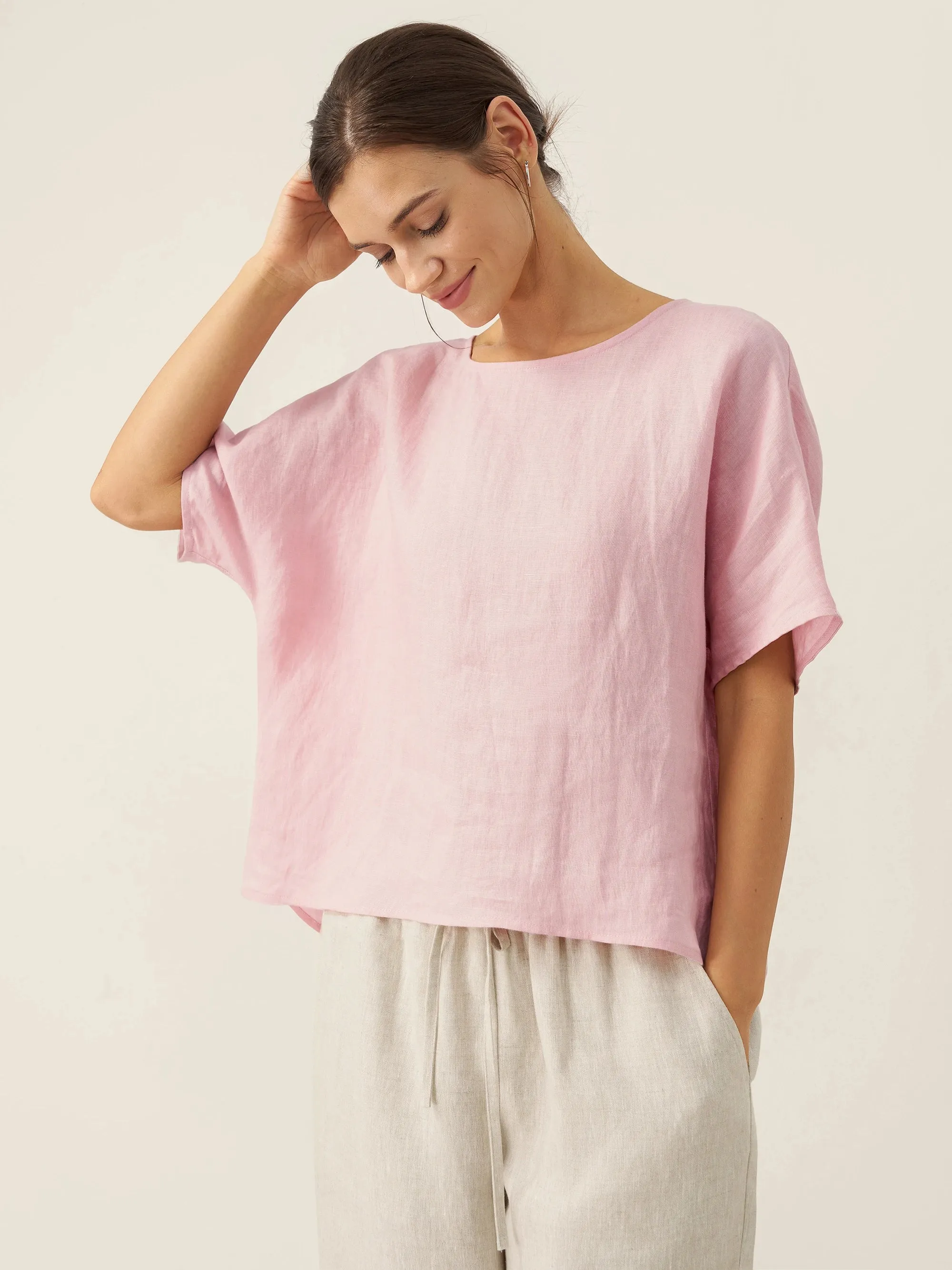 100% Linen Round Neck Back Opening Top URIELLE sold by Lintico product image thumbnail 3