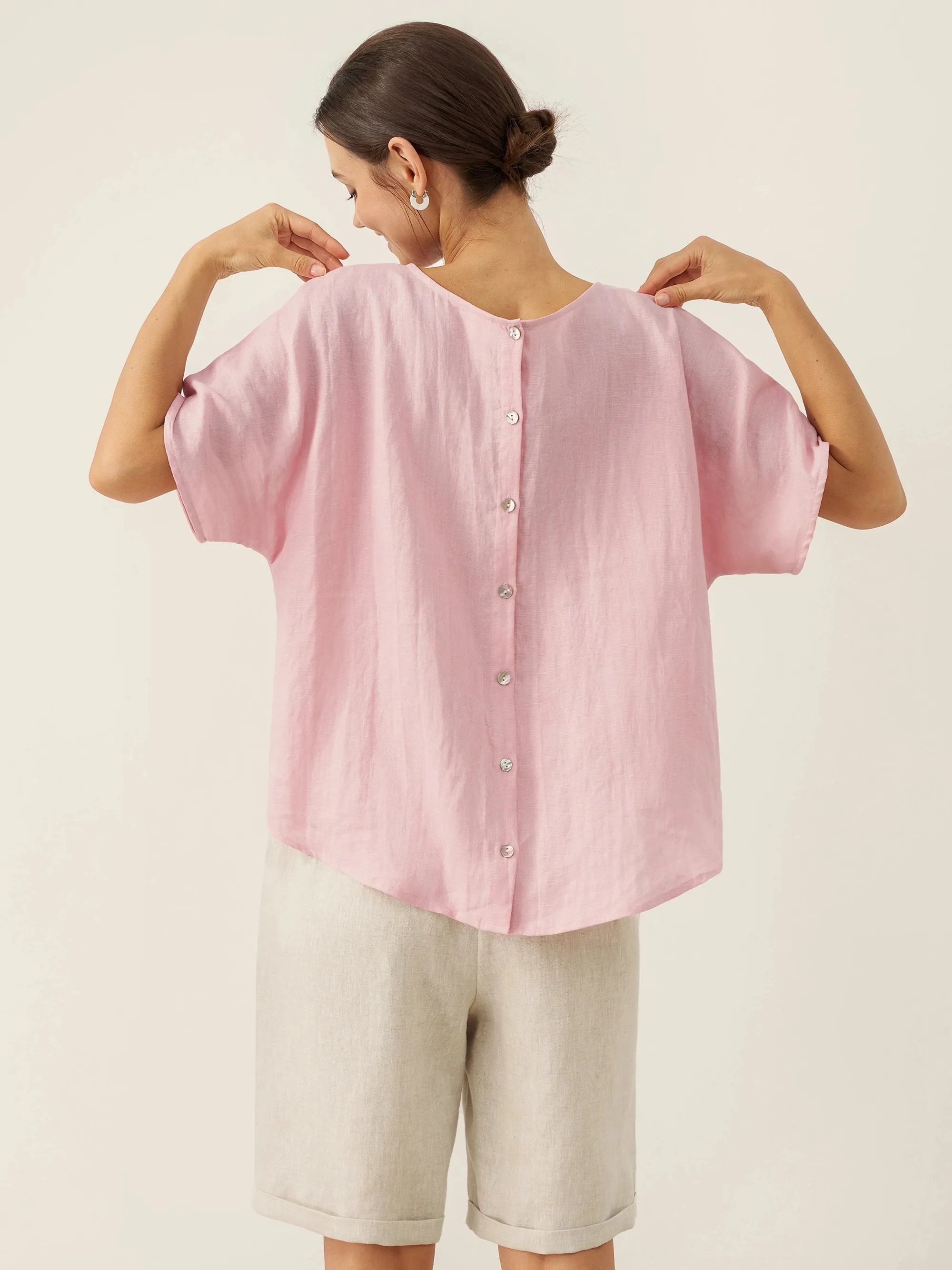 100% Linen Round Neck Back Opening Top URIELLE sold by Lintico product image thumbnail 4
