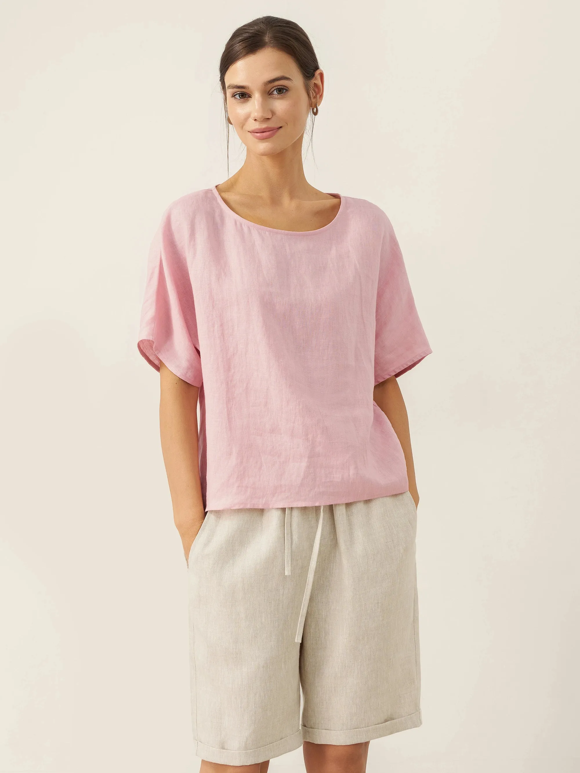 100% Linen Round Neck Back Opening Top URIELLE sold by Lintico