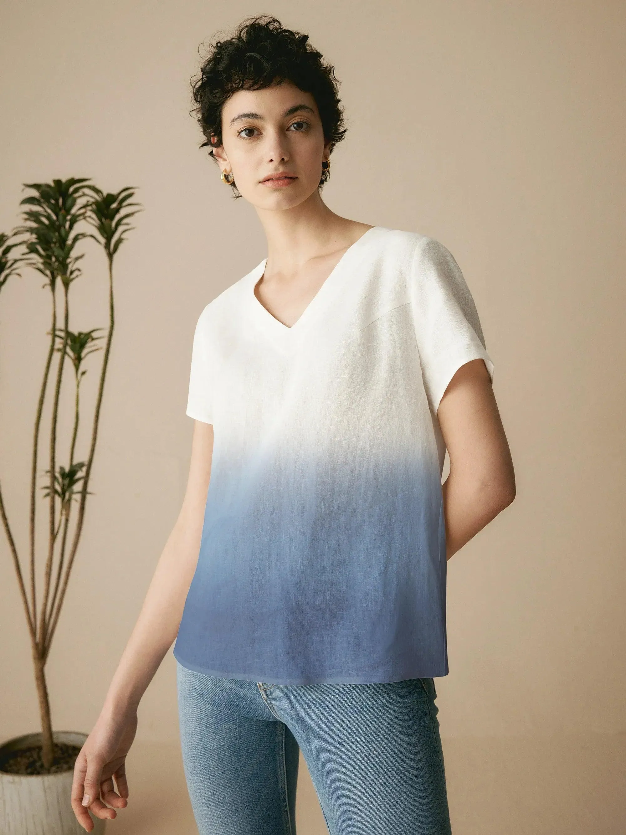 100% Linen Easy Popover V-Neck Boxy Top DAWN sold by Lintico