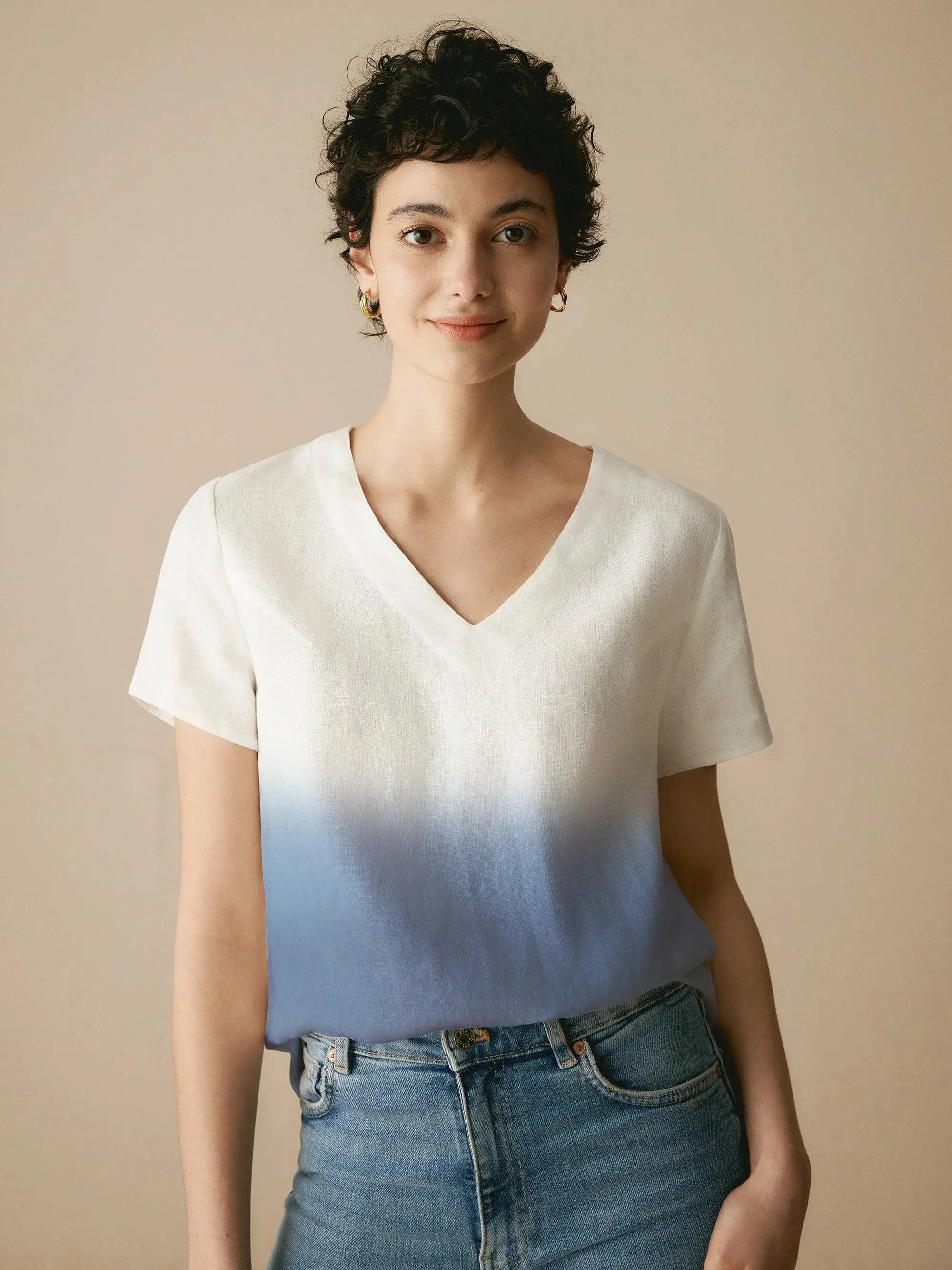 100% Linen Easy Popover V-Neck Boxy Top DAWN sold by Lintico product image thumbnail 2
