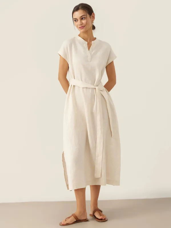 100% Linen Mandarin Collar Maxi Dress with Detachable Belt MARGARET made by Lintico