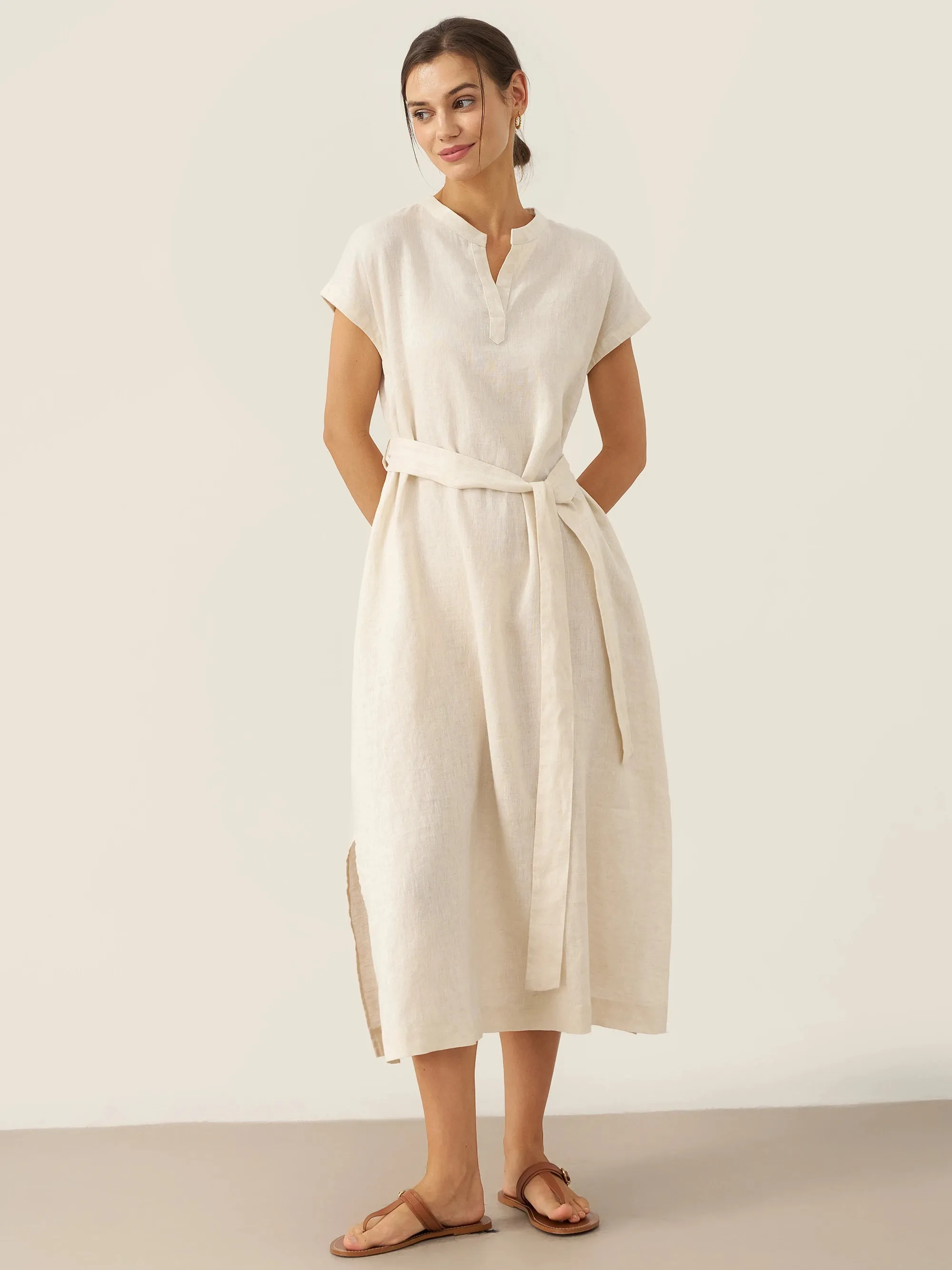 100% Linen Mandarin Collar Maxi Dress with Detachable Belt MARGARET sold by Lintico