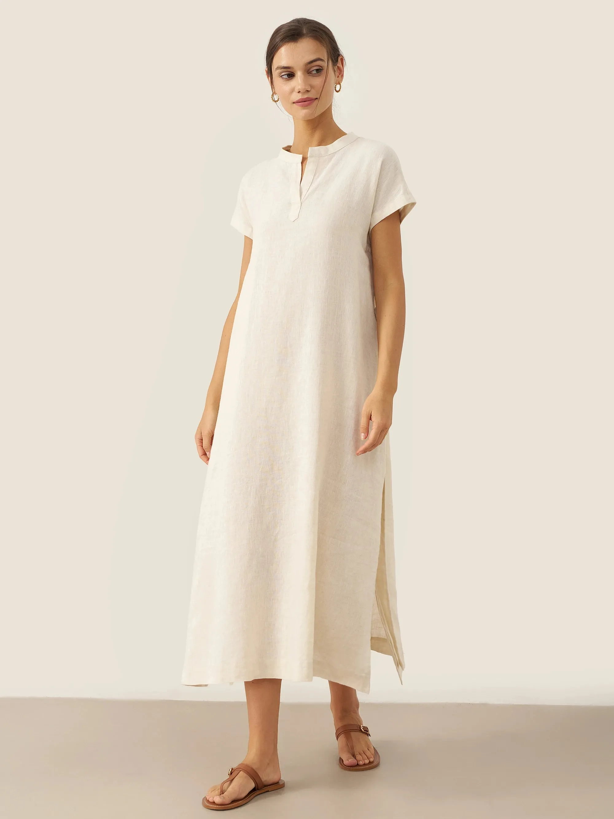 100% Linen Mandarin Collar Maxi Dress with Detachable Belt MARGARET sold by Lintico product image thumbnail 5