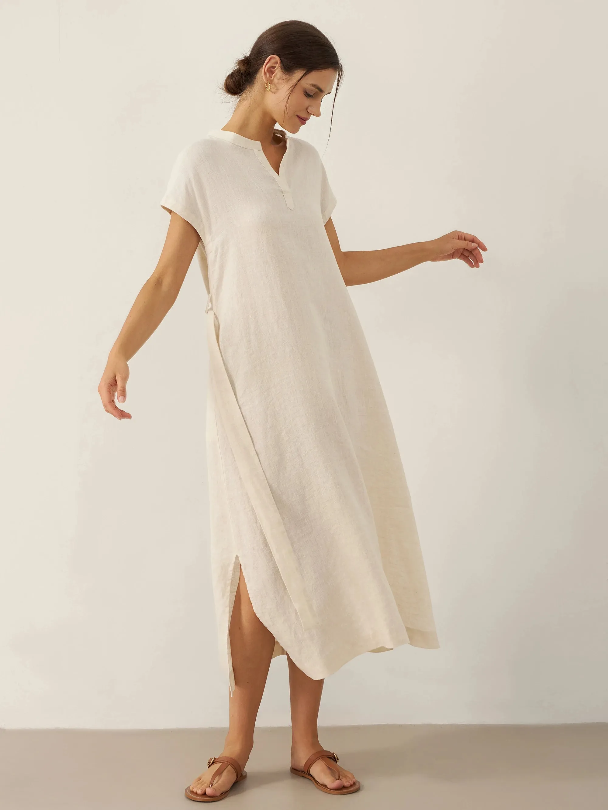 100% Linen Mandarin Collar Maxi Dress with Detachable Belt MARGARET sold by Lintico product image thumbnail 4