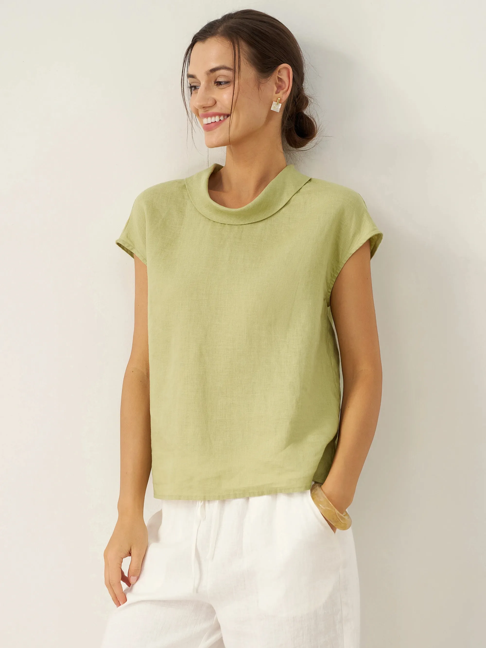 100% Linen Cap Sleeve Soft-Fold Collar Top YVONNE sold by Lintico product image thumbnail 3