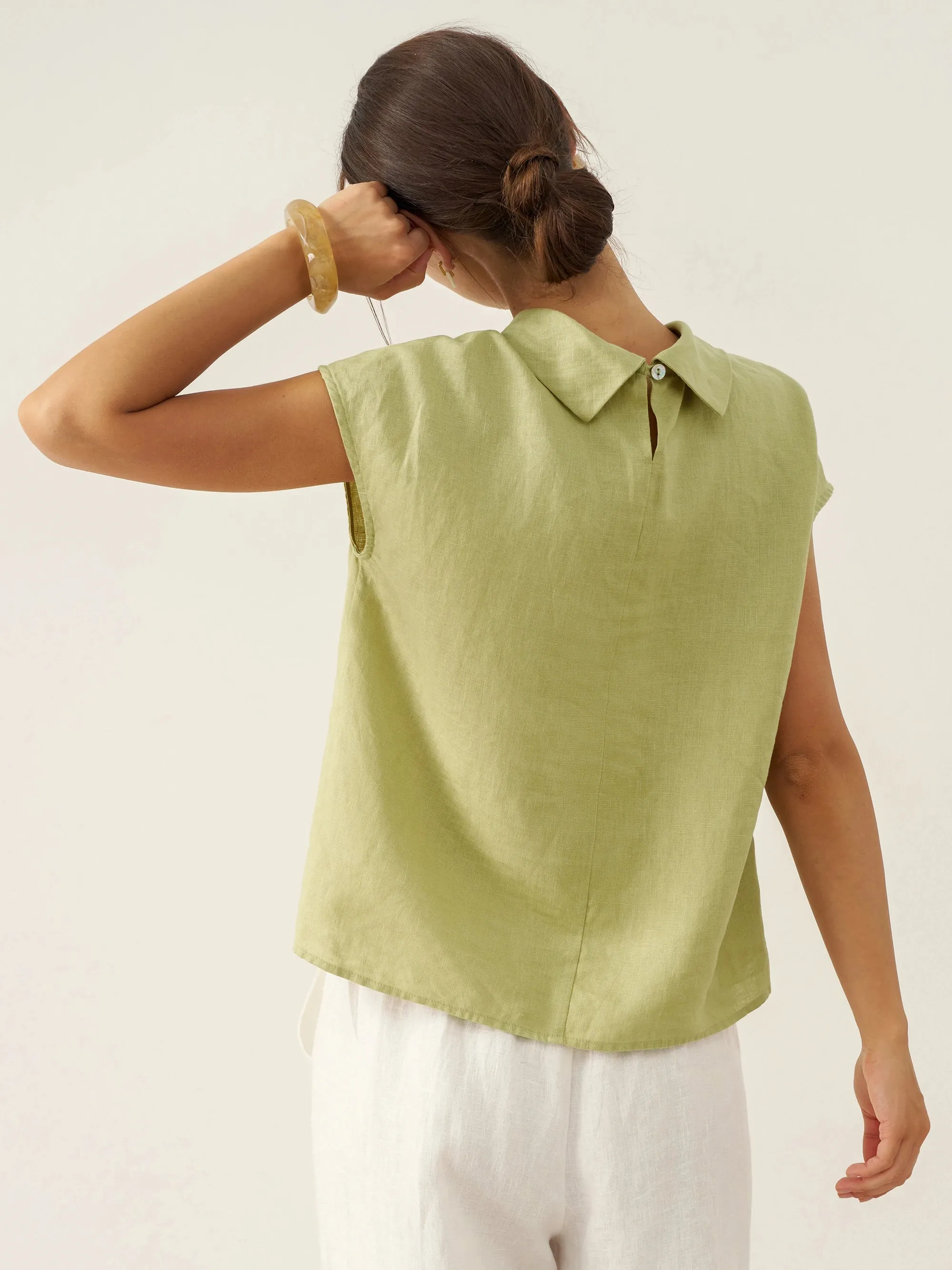 100% Linen Cap Sleeve Soft-Fold Collar Top YVONNE sold by Lintico product image thumbnail 2