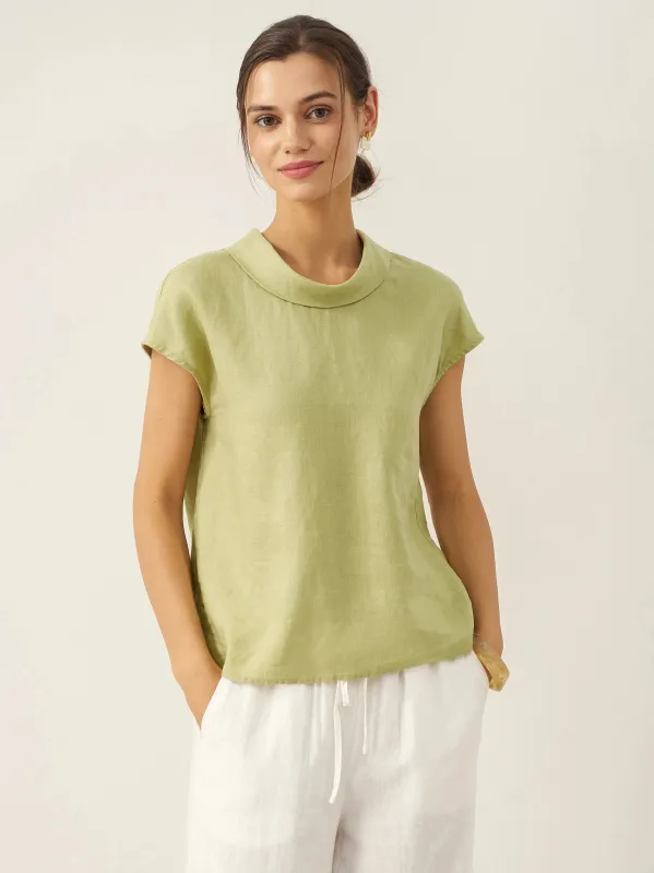 100% Linen Cap Sleeve Soft-Fold Collar Top YVONNE sold by Lintico