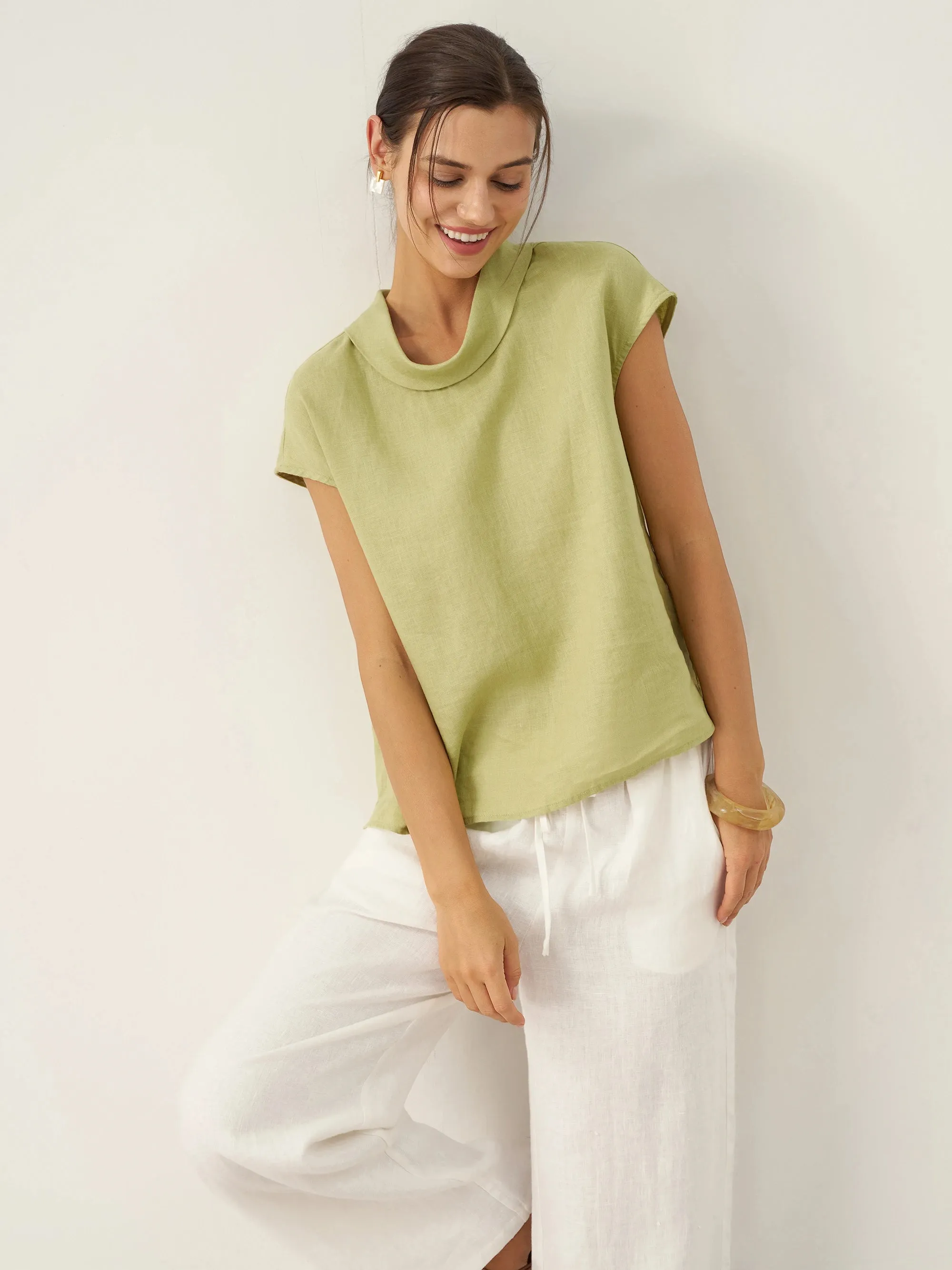100% Linen Cap Sleeve Soft-Fold Collar Top YVONNE sold by Lintico product image thumbnail 4