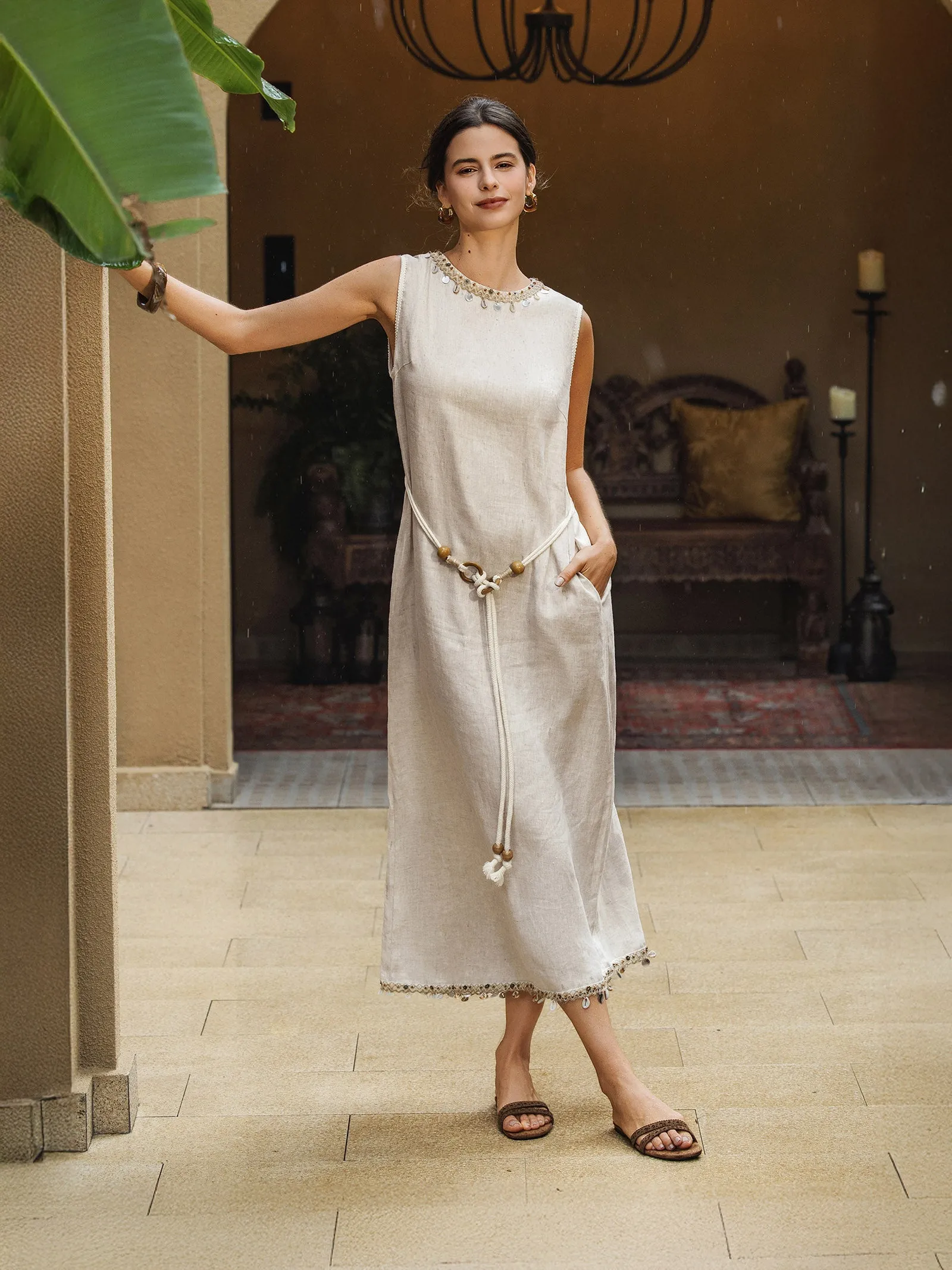 100% Linen Beaded Crew Neck Maxi Dress with Belt BELLA sold by Lintico product image thumbnail 2
