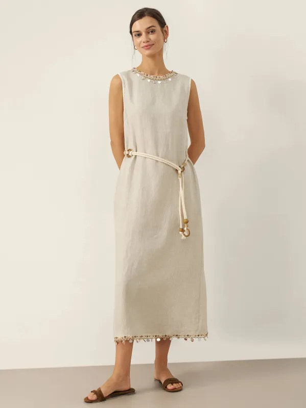 100% Linen Beaded Crew Neck Maxi Dress with Belt BELLA sold by Lintico