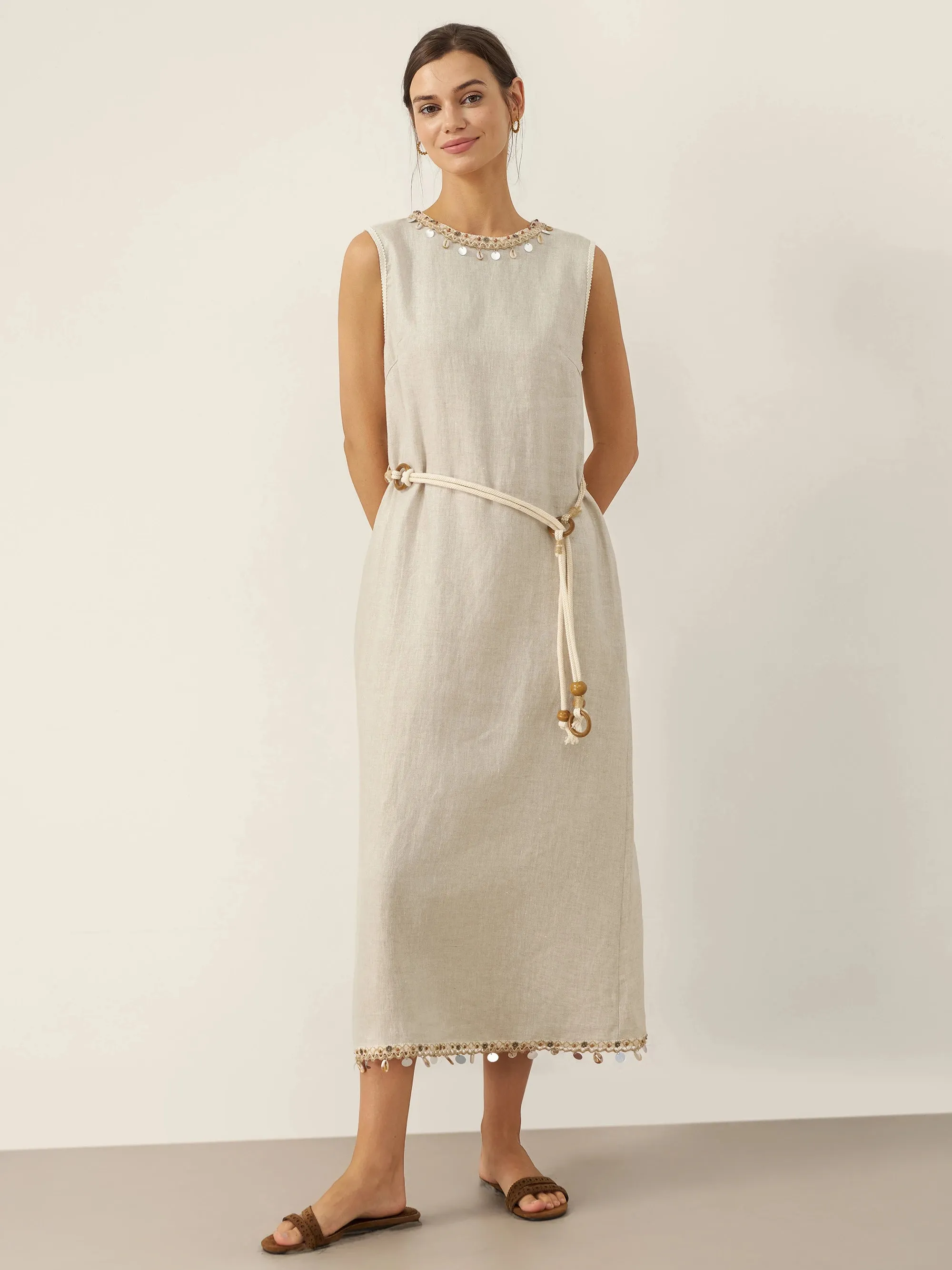 100% Linen Beaded Crew Neck Maxi Dress with Belt BELLA sold by Lintico